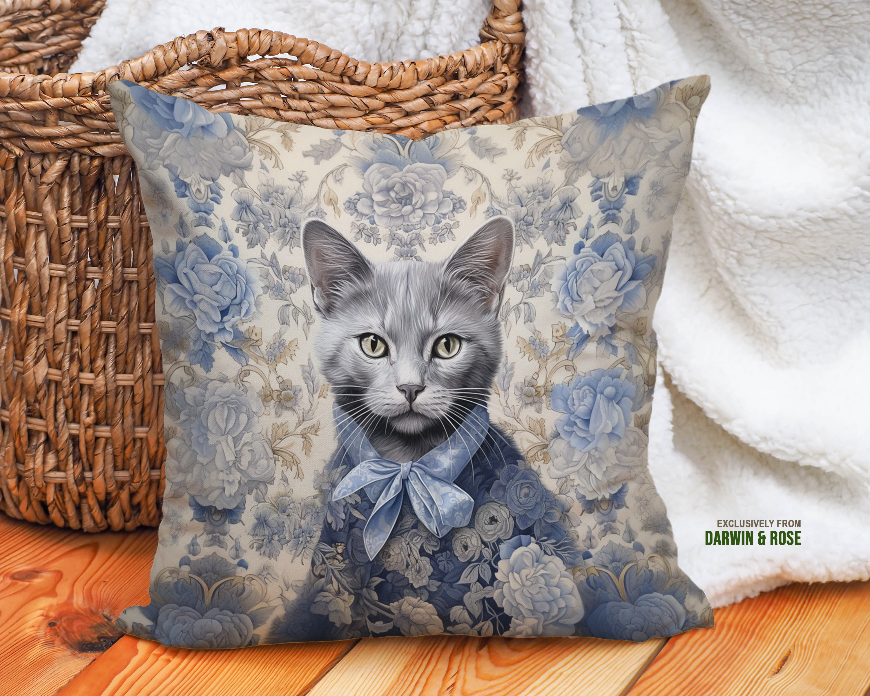 Russian Blue Cat Vintage Floral Throw Pillow