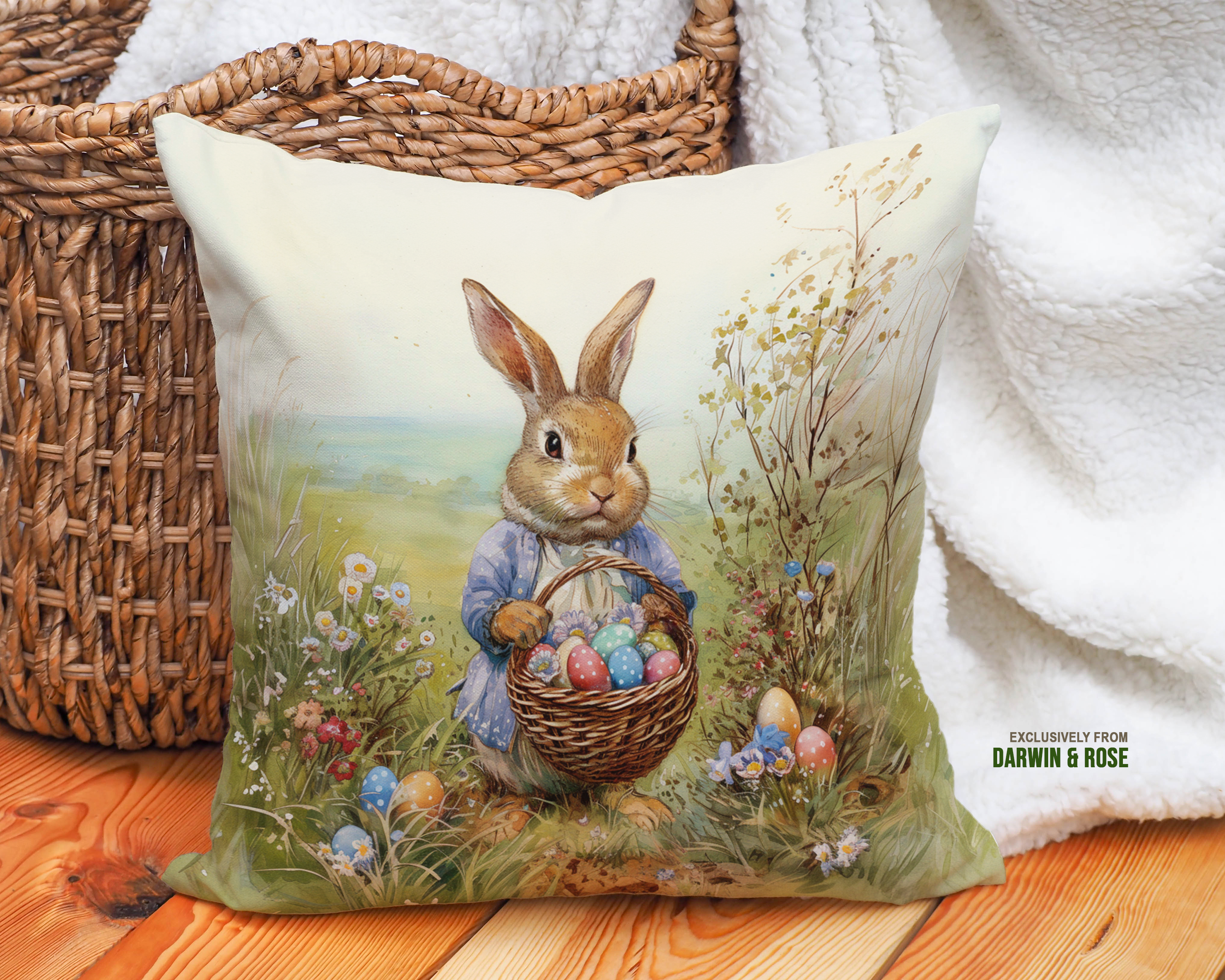 Easter Bunny Meadow Throw Pillow – Whimsical Spring Decor