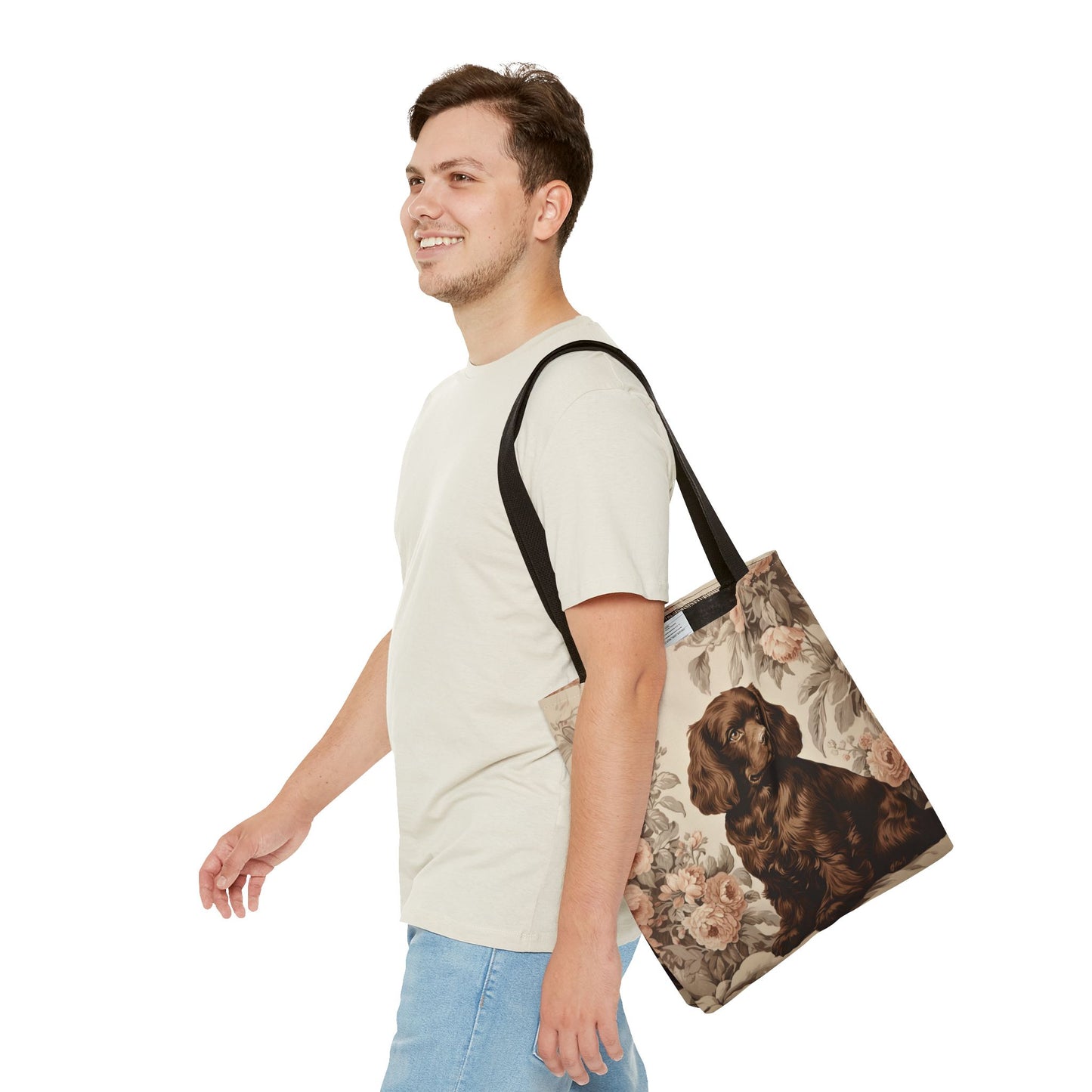 Chocolate Brown Spaniel Tote Bag with Vintage Floral Design