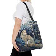 Winter White Wolf Tote Bag, Artistic Snowy Forest Design, Eco-Friendly