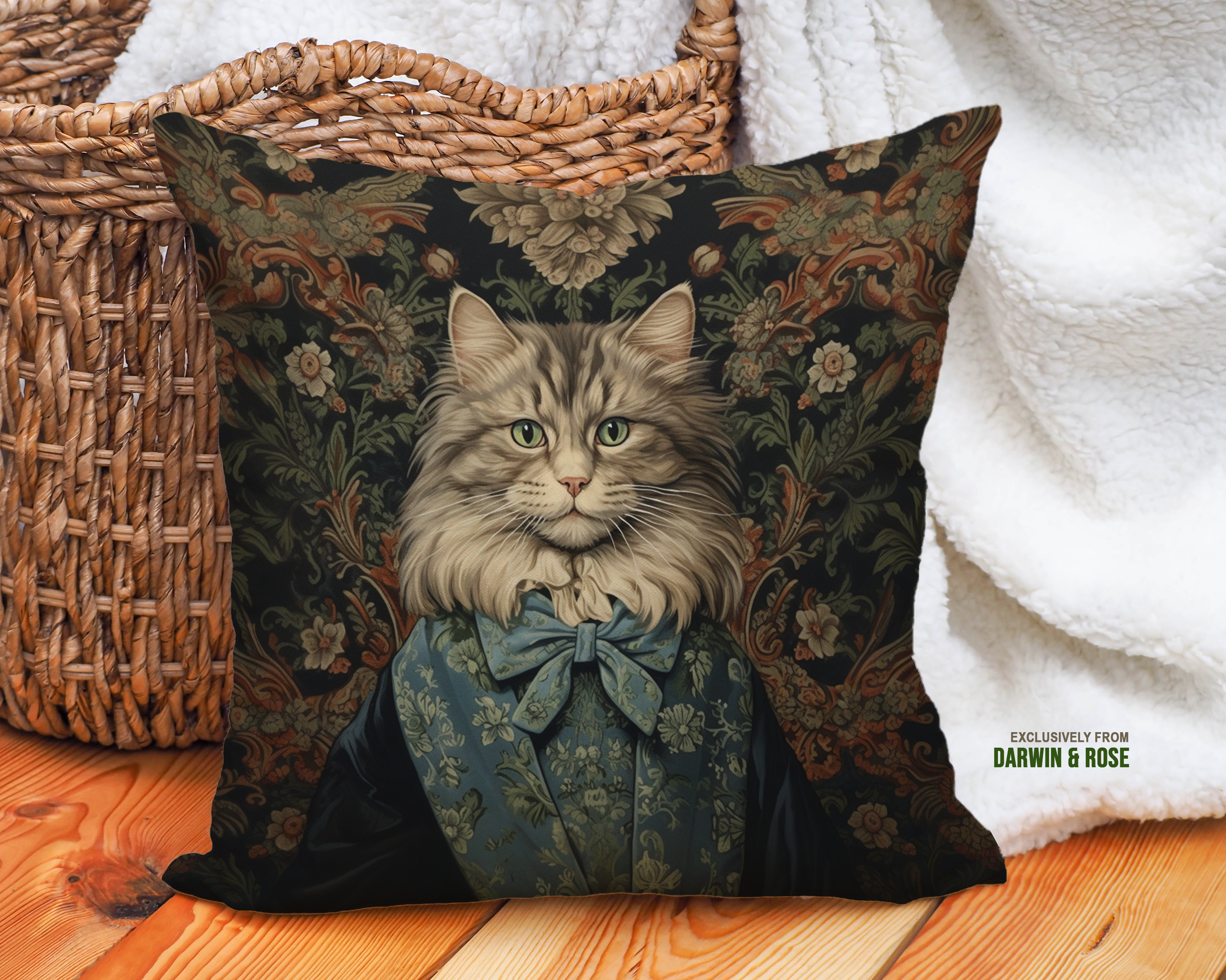 Regal Norwegian Forest Cat Portrait Pillow - Vintage Baroque Style