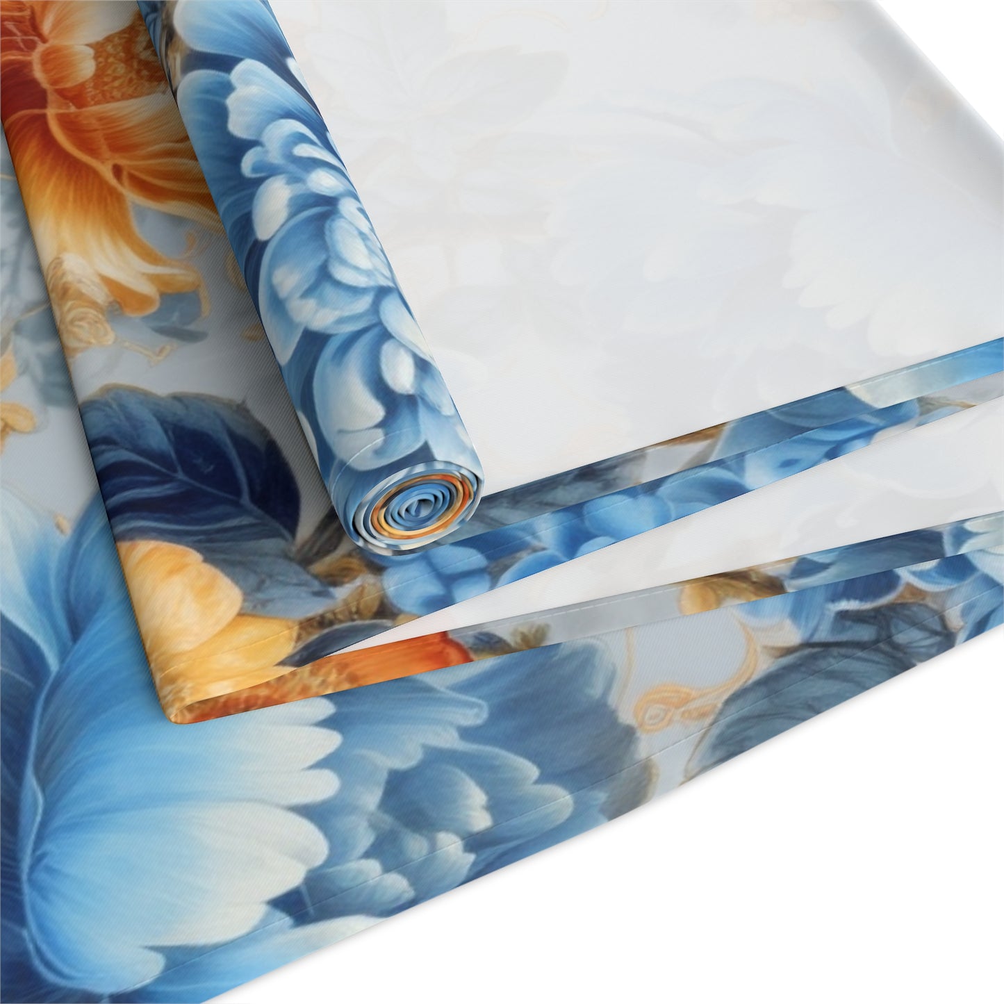 Marigold and Sapphire Table Runner | Blue and Orange Floral Décor (72" or 90")