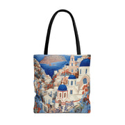 Santorini Blue Dome Scenic Tote Bag, Coastal-Inspired Shopping Bag