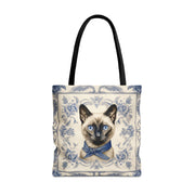 Siamese Cat Tote Bag with Vintage Blue Floral Design