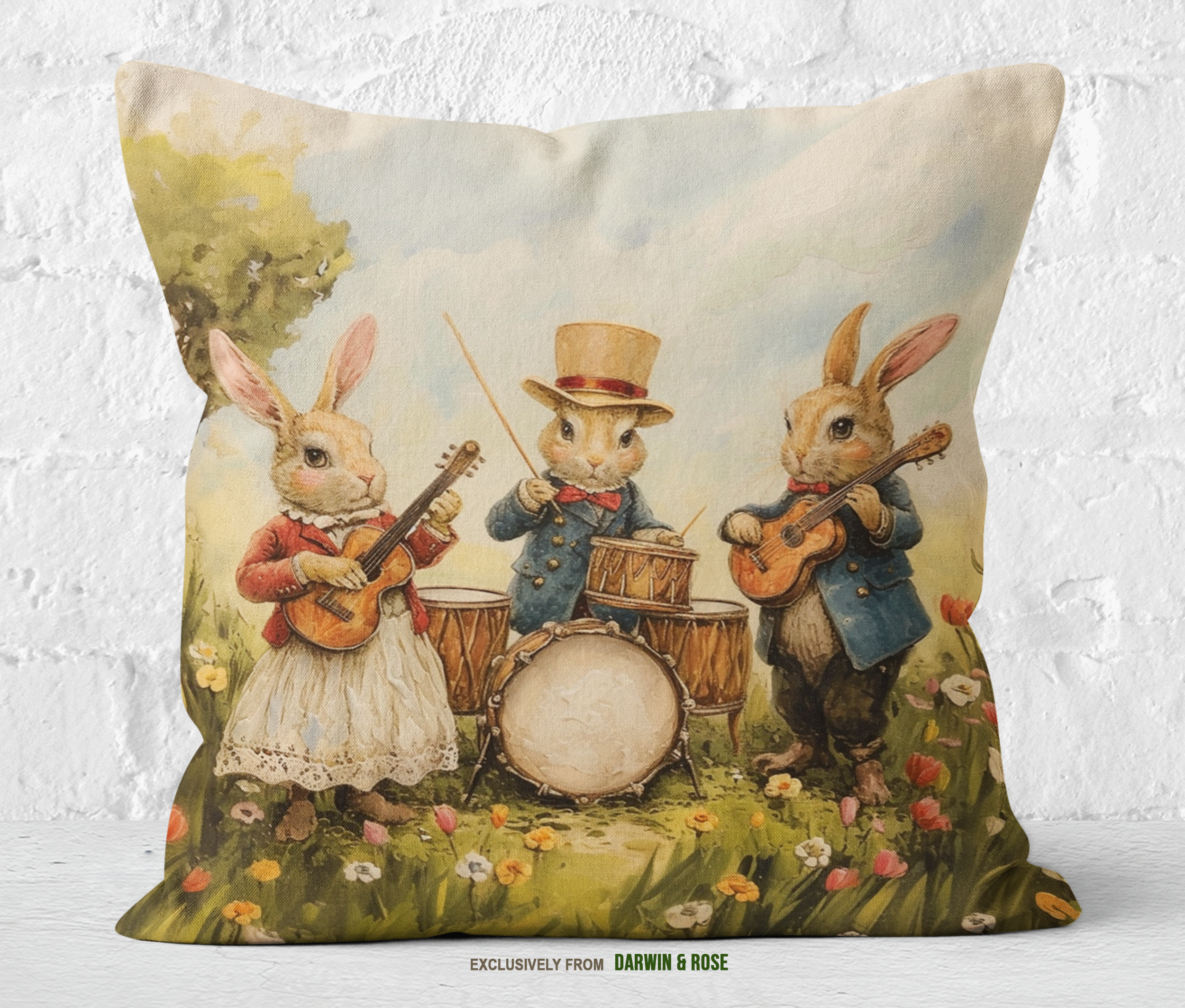 Easter Bunny Trio Musical Spring Throw Pillow