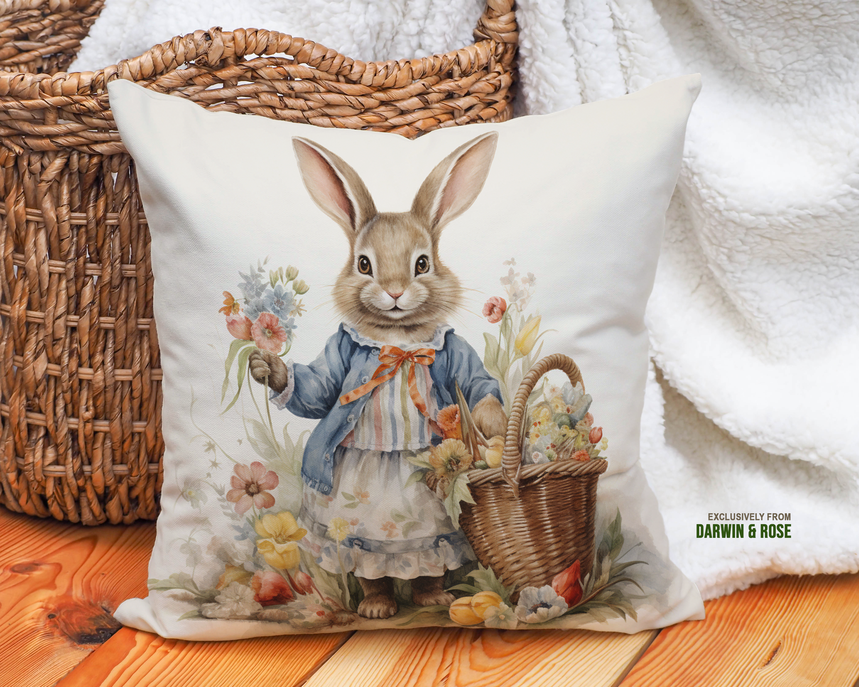 Whimsical Easter Bunny Cottagecore Throw Pillow