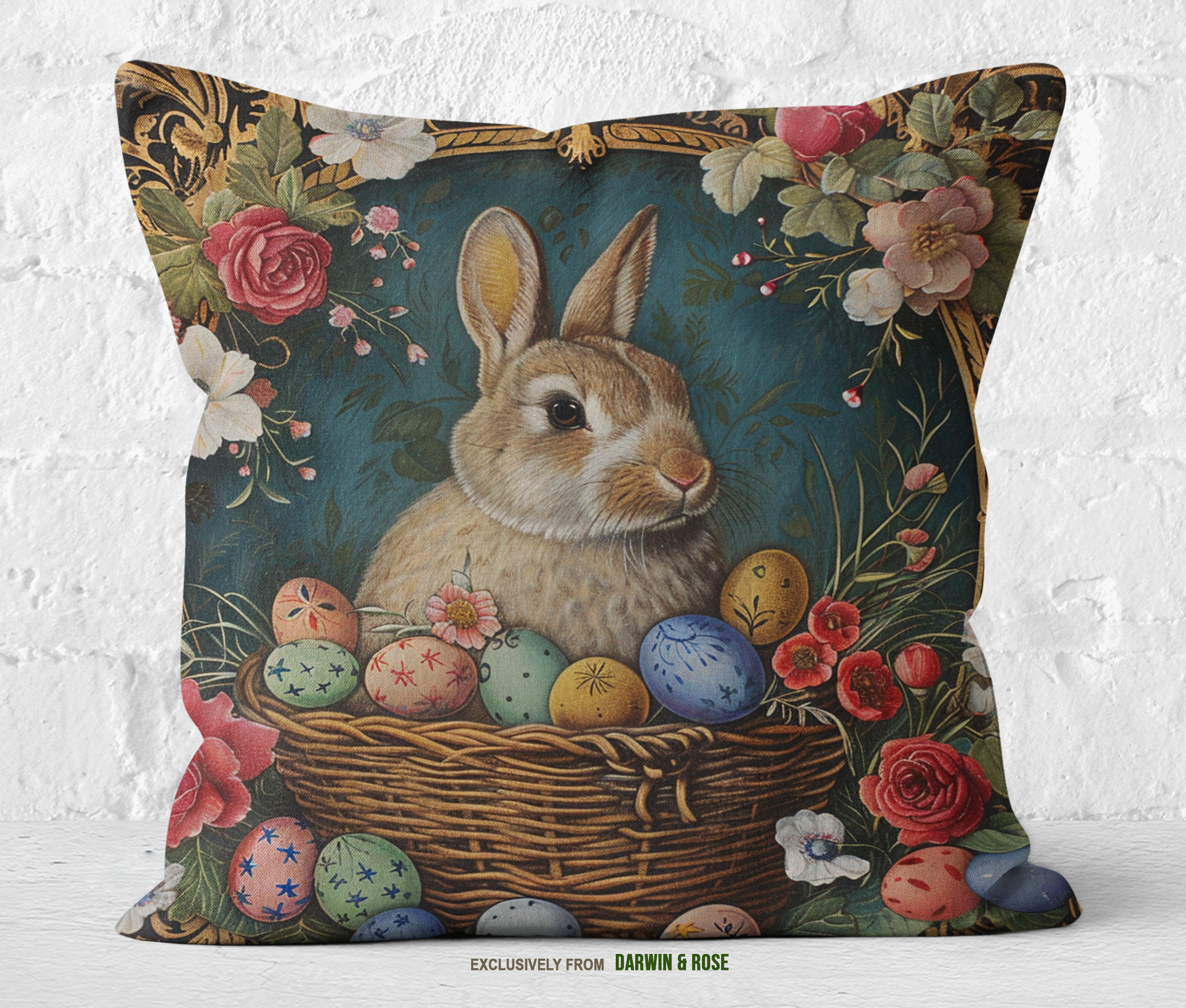 Easter Bunny Floral Basket Throw Pillow – Vintage Farmhouse Style