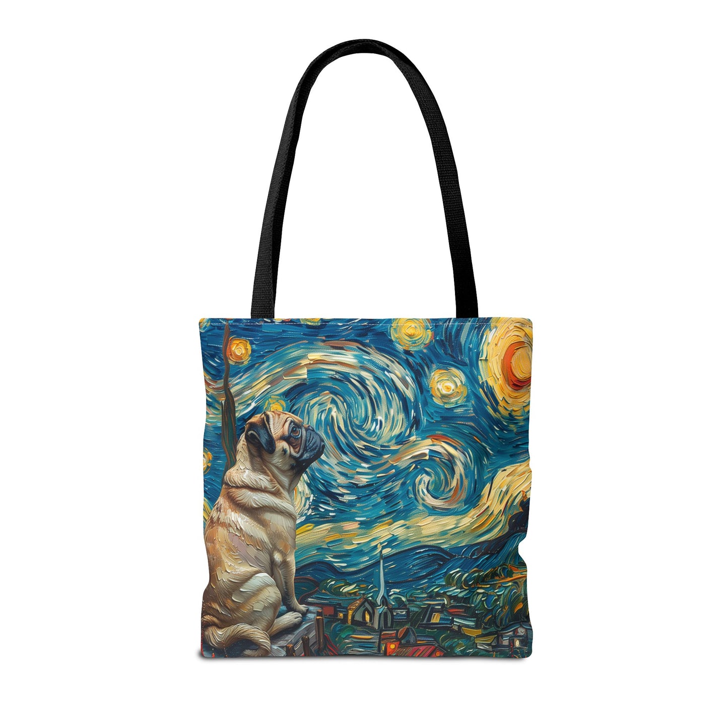 Starry Pug Canvas Tote Bag - Artistic Van Gogh-Inspired Design