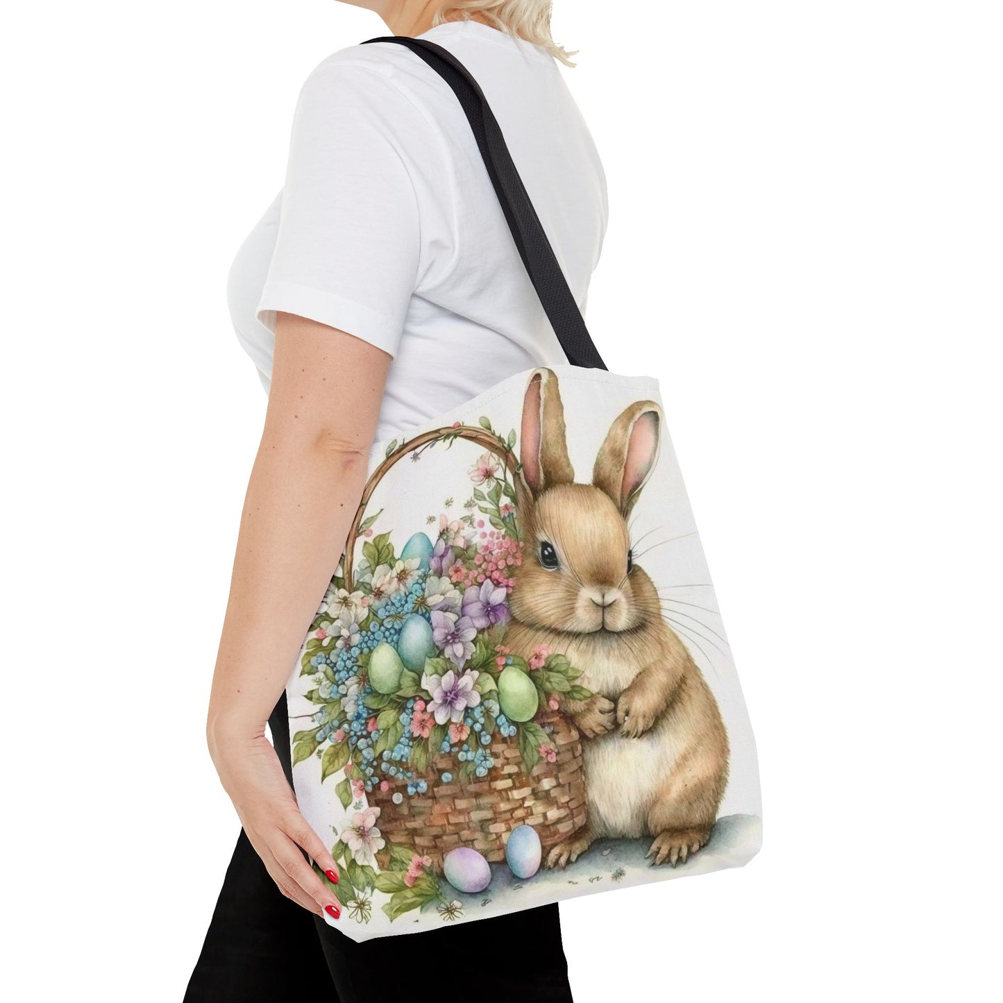 Charming Bunny Easter Tote Bag with Flowers and Painted Eggs