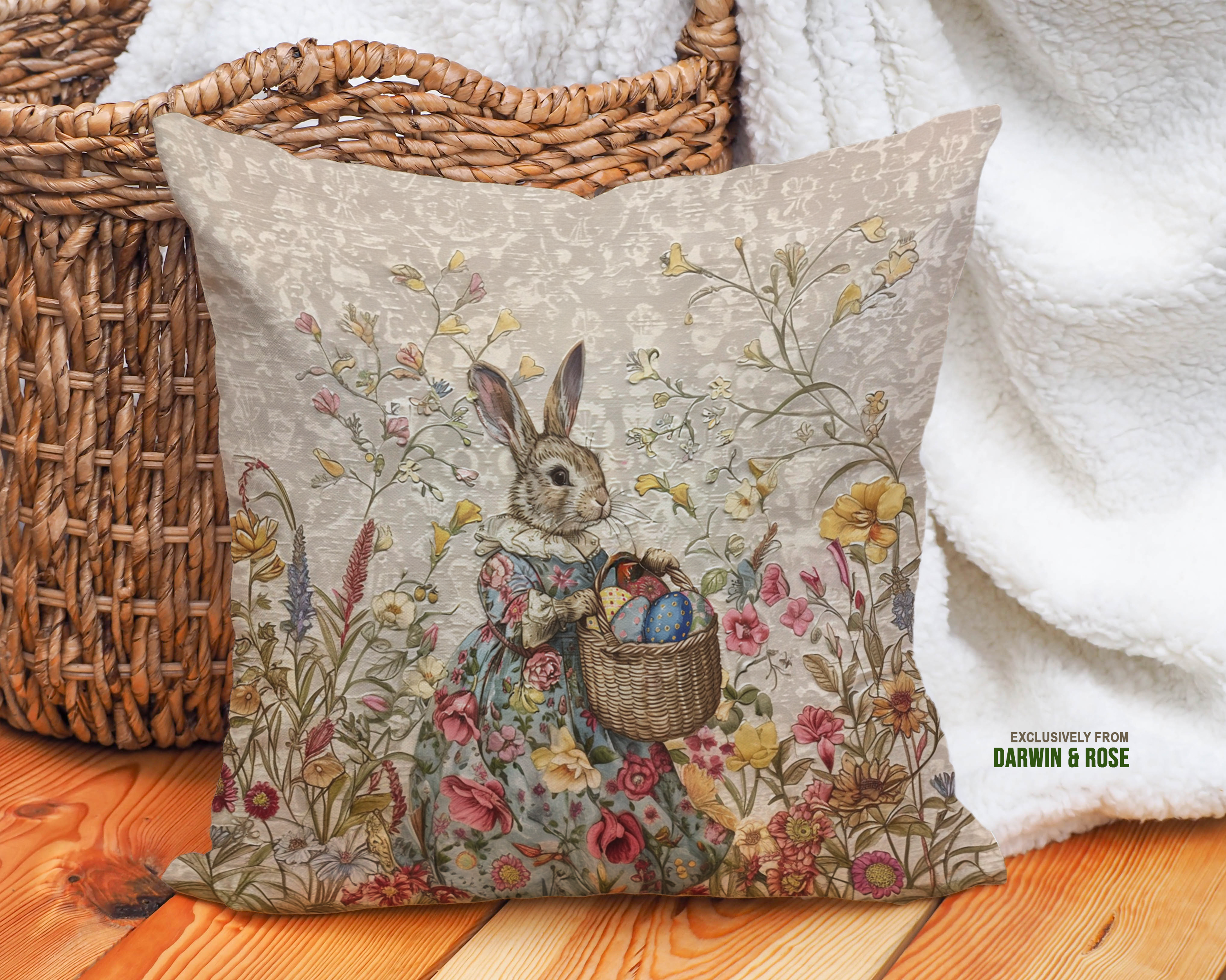 Easter Bunny Floral Boho Throw Pillow - Spring Decor