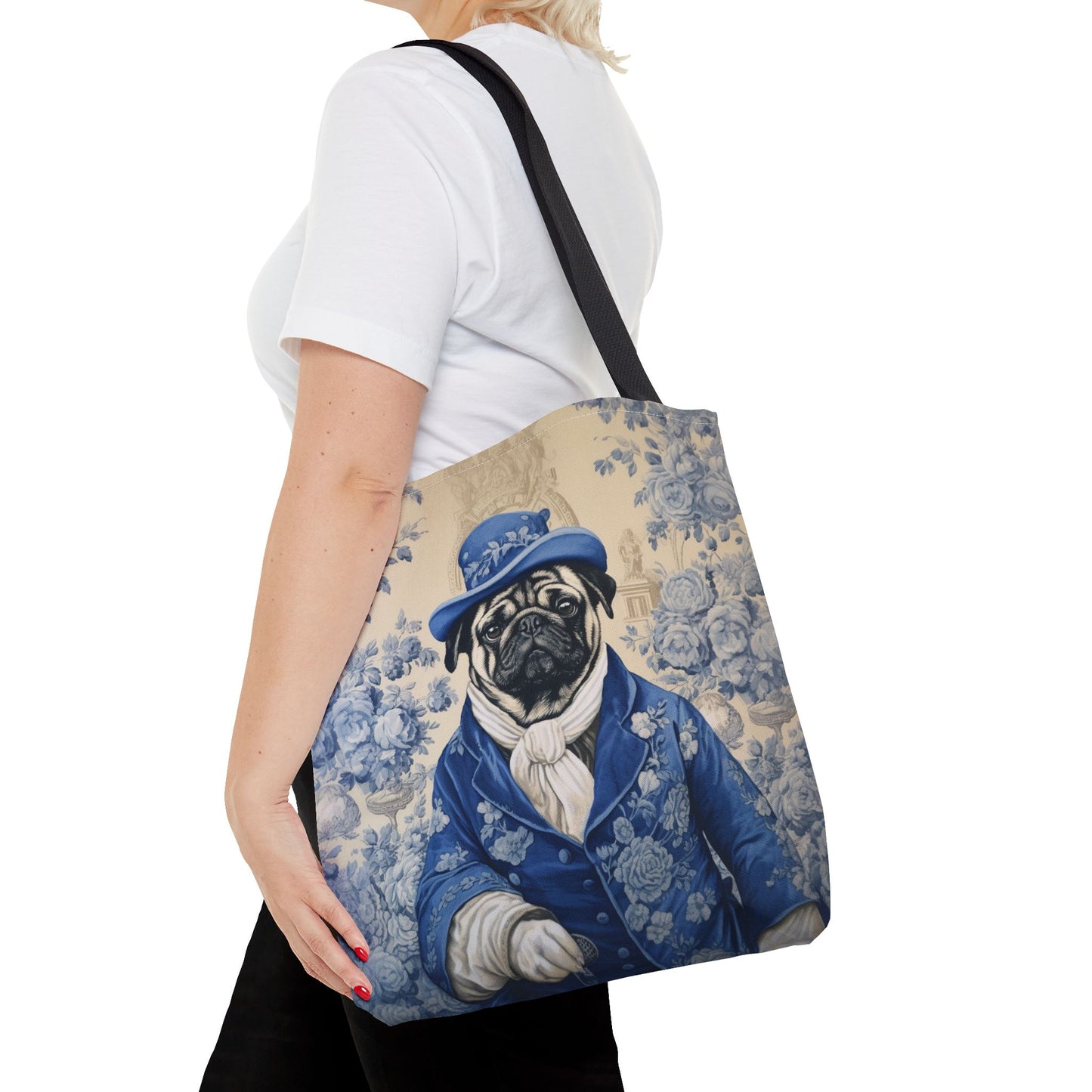 Regal Pug Canvas Tote Bag, Blue Floral Design for Dog Lovers