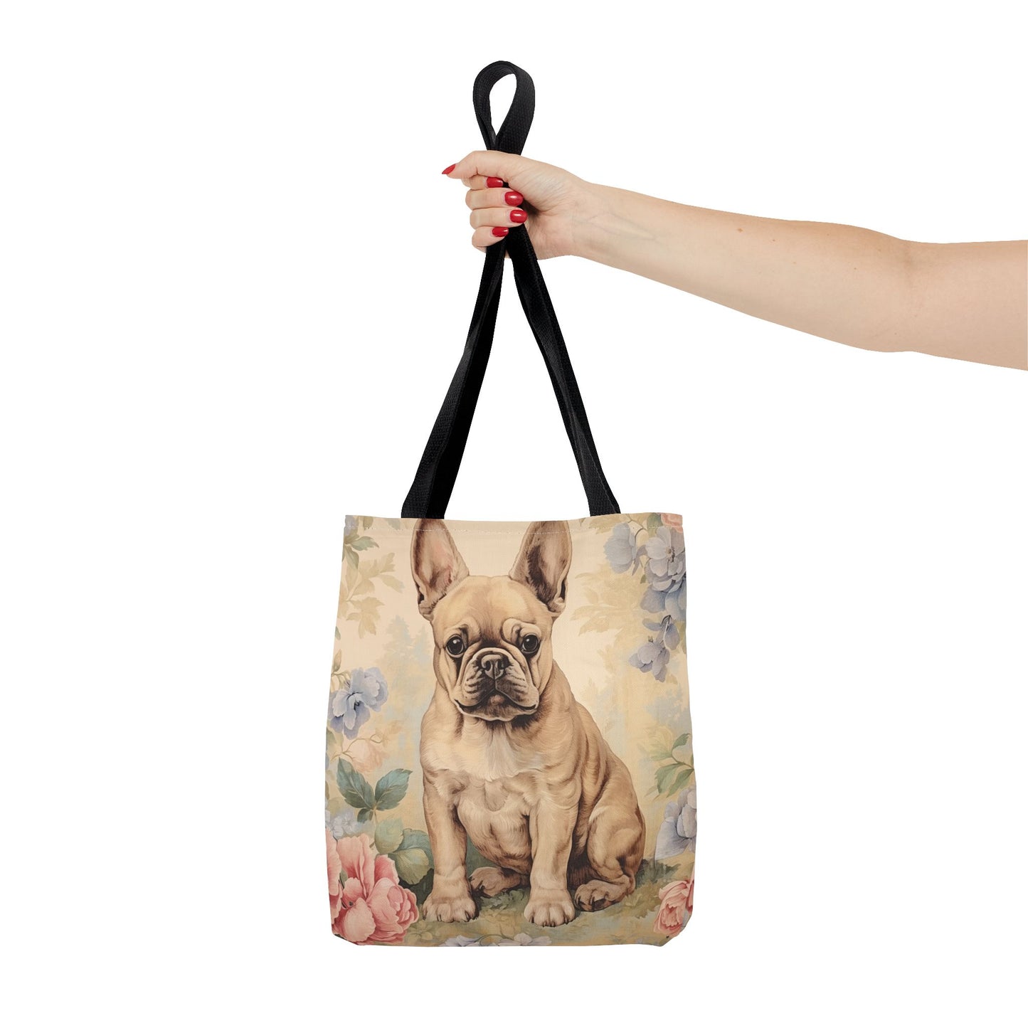 Charming Frenchie Canvas Tote Bag - Fawn Bulldog with Floral Design