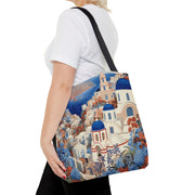 Santorini Blue Dome Scenic Tote Bag, Coastal-Inspired Shopping Bag