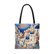 Santorini Blue Dome Scenic Tote Bag, Coastal-Inspired Shopping Bag