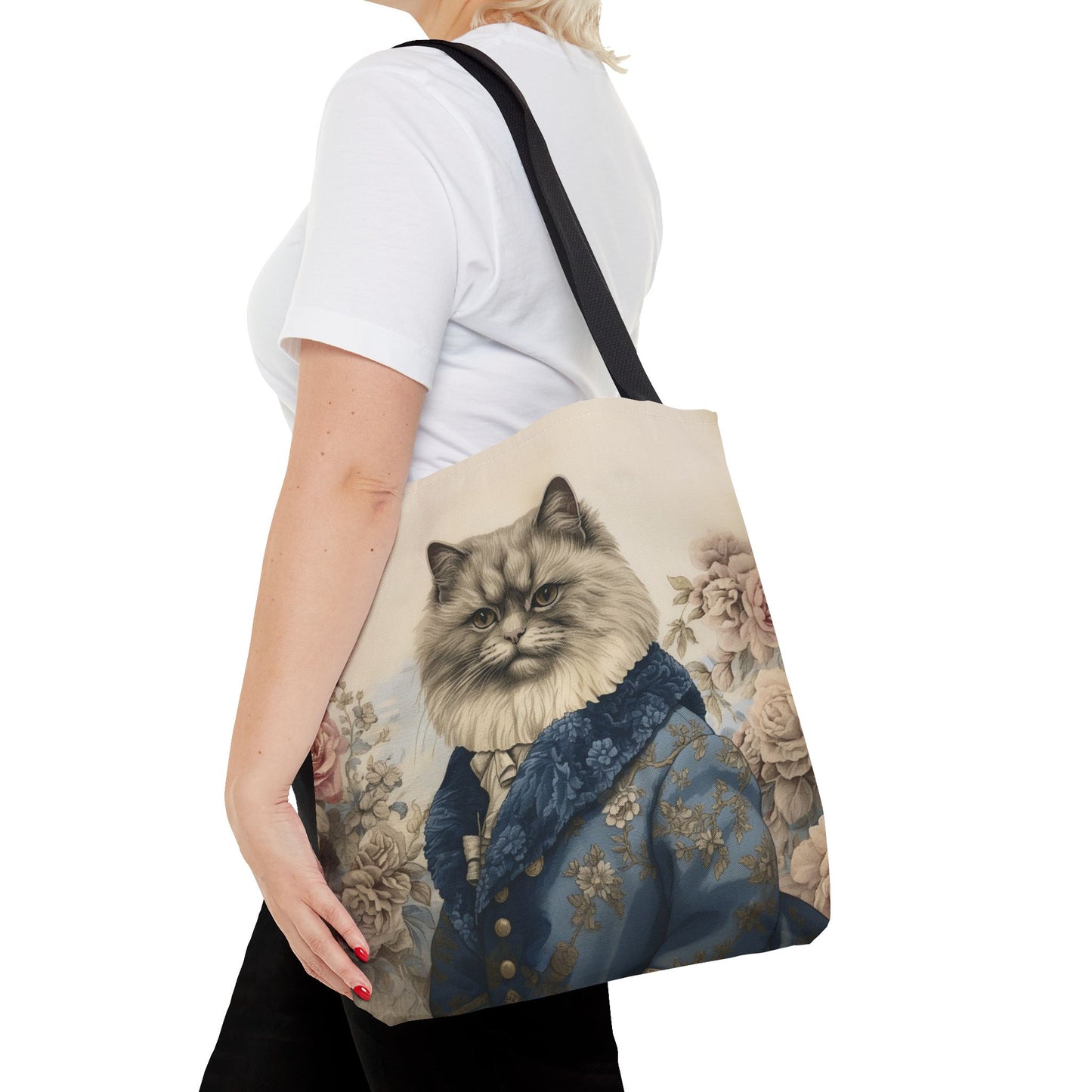 Persian Cat Regal Tote Bag, Floral Vintage Art Eco-Friendly Canvas