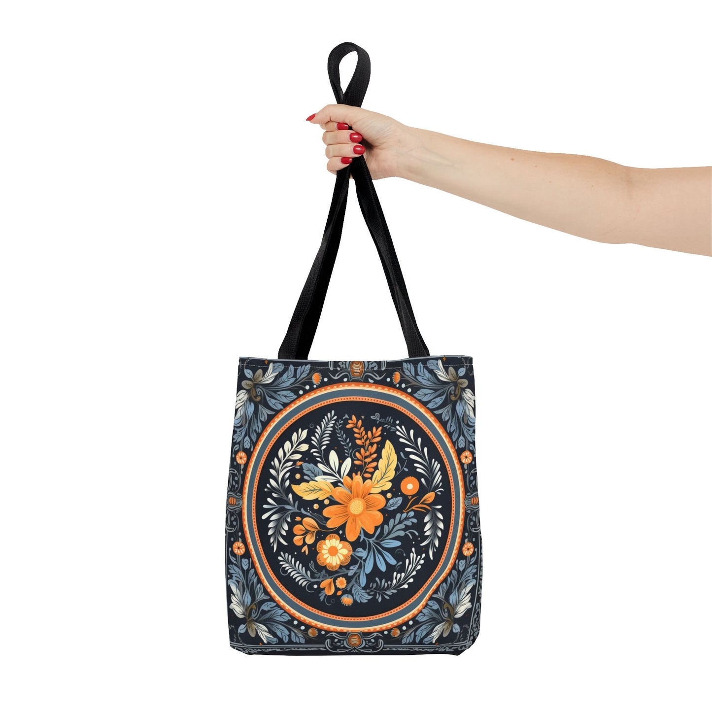 Elegant Botanical Tote Bag with Orange and Blue Floral Design