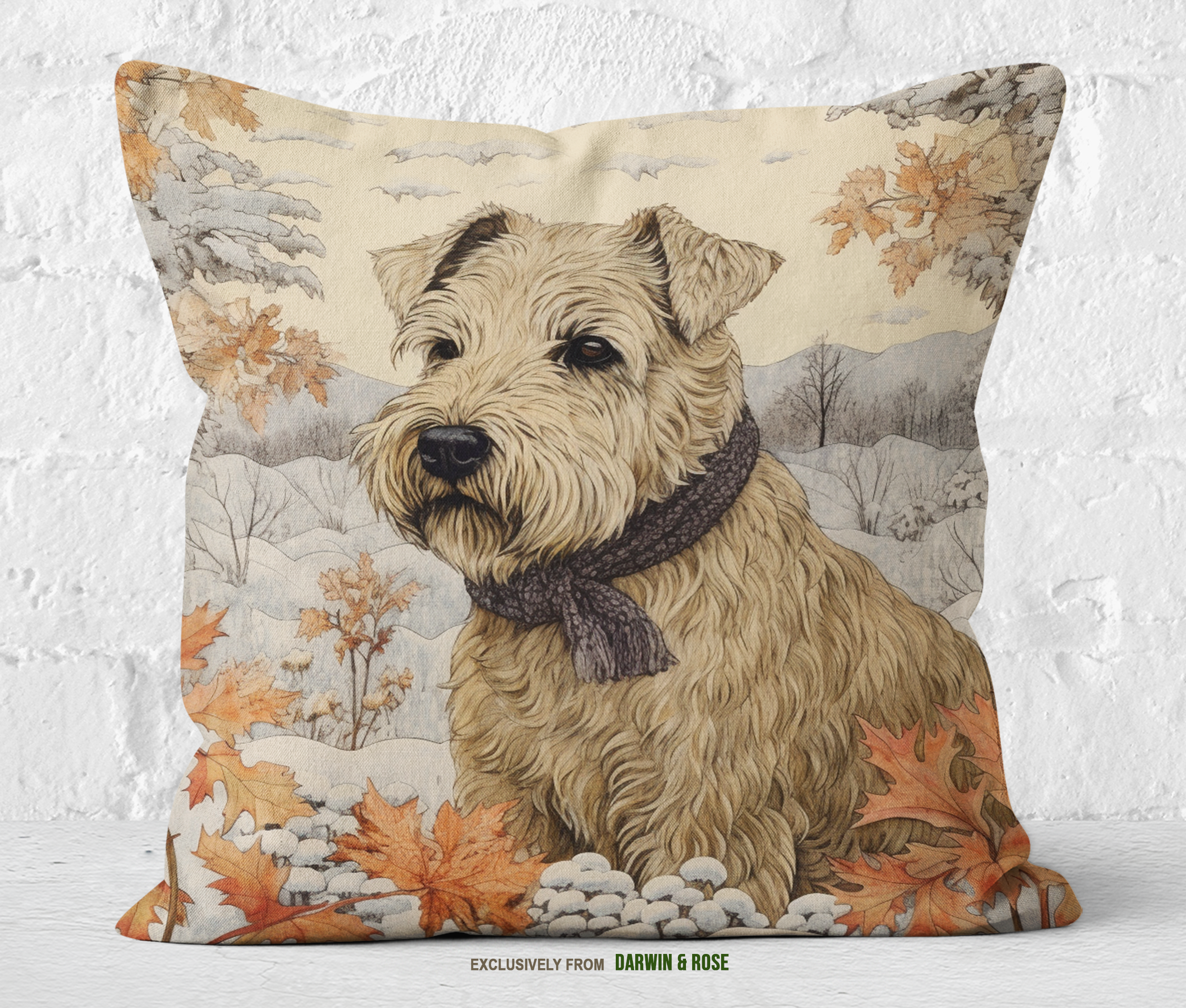 Cozy Winter Wheaten Terrier Throw Pillow – Rustic Farmhouse Charm