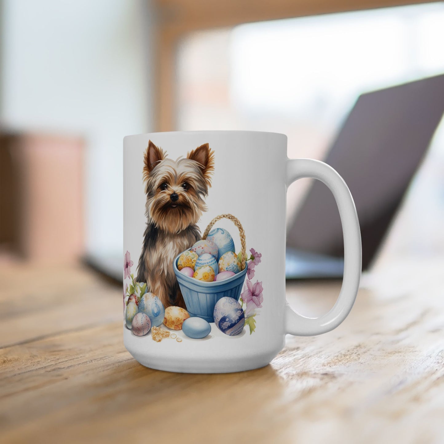 Yorkie Easter Mug – Cute Yorkshire Terrier with Spring Eggs & Flowers