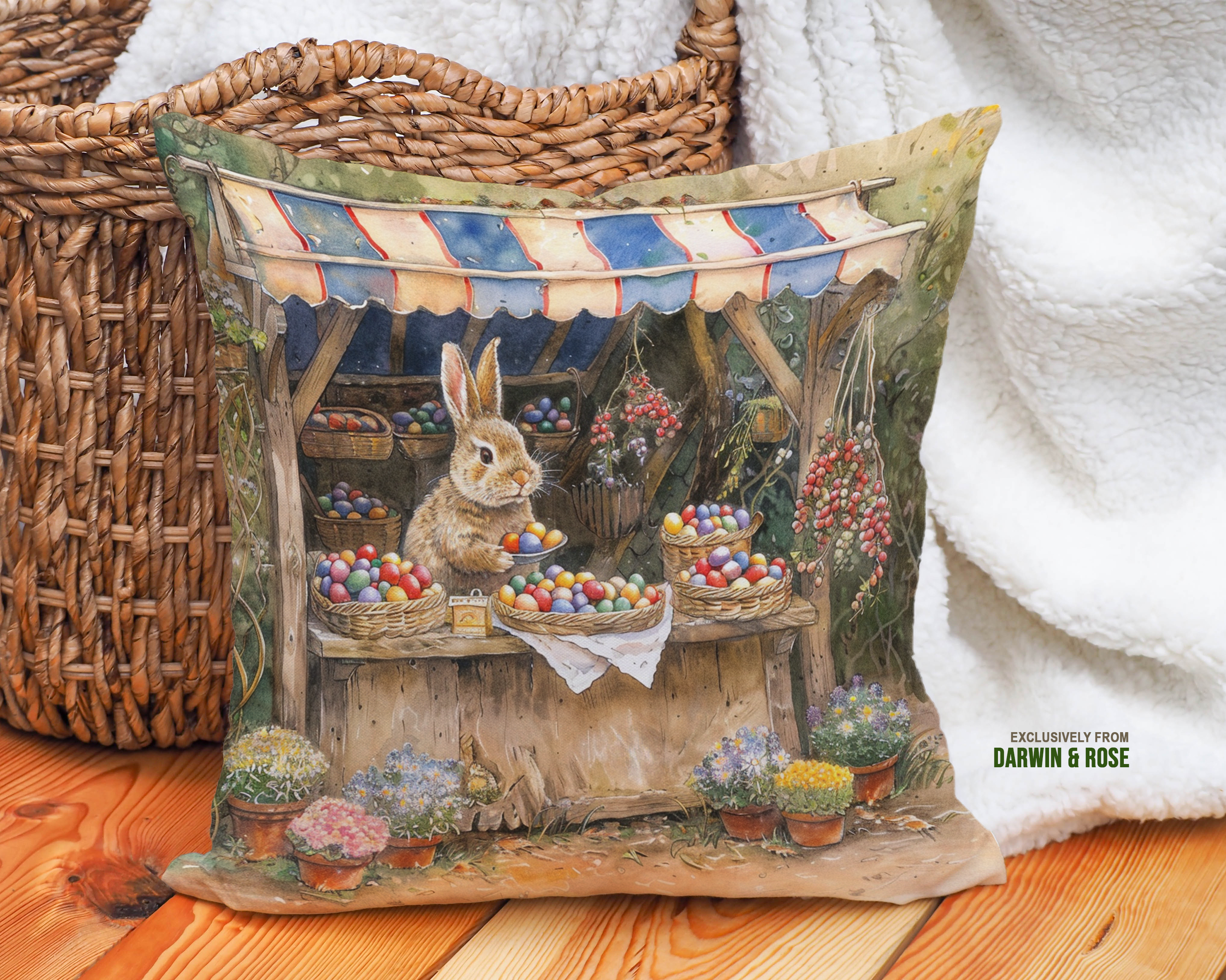 Rustic Easter Bunny Market Throw Pillow – Farmhouse Spring Decor