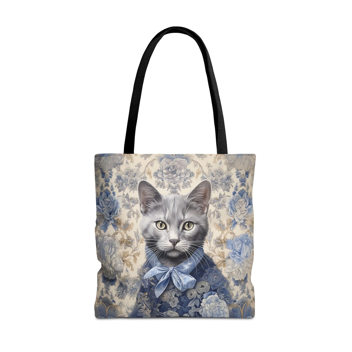 Russian Blue Cat Floral Tote Bag, Elegant Eco-Friendly Shopper