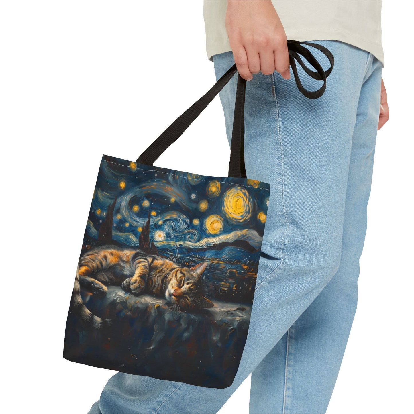 Starry Night Cat Tote Bag - Van Gogh-Inspired Canvas Design