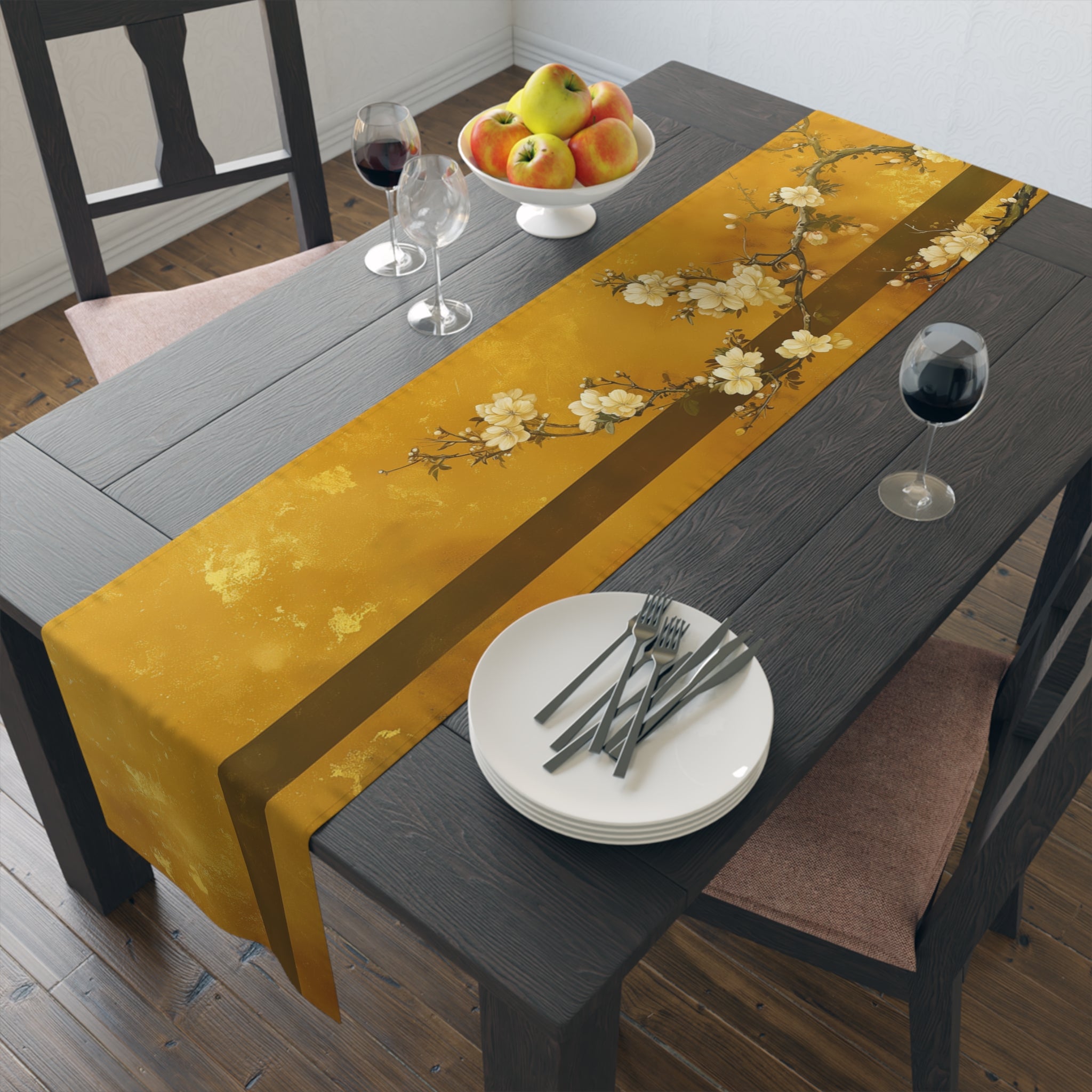 Golden Sakura Blossom Table Runner | Yellow, Cream, and Brown Design (72" or 90")