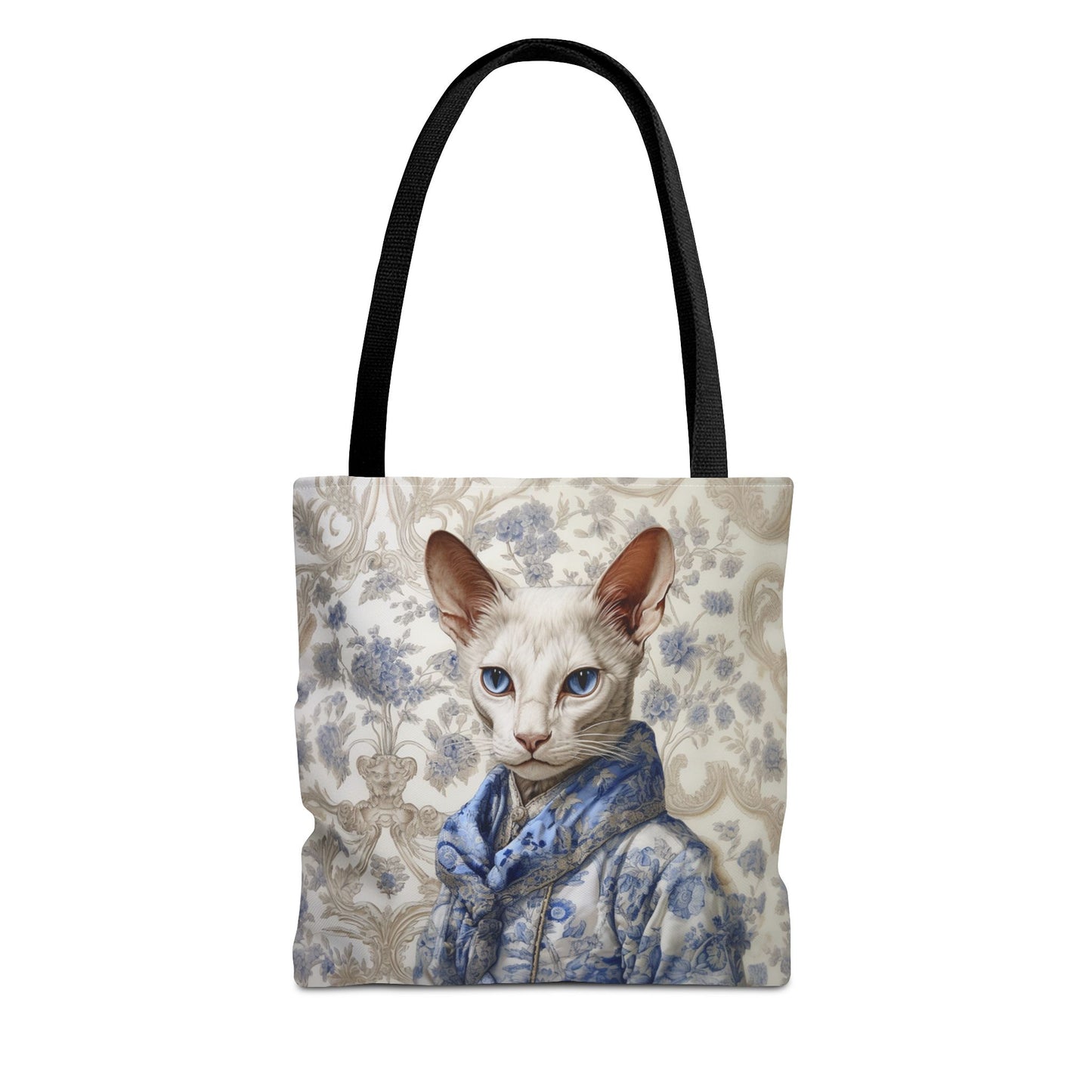 Elegant Oriental Cat Tote Bag in Blue Floral Design