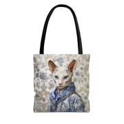 Elegant Oriental Cat Tote Bag in Blue Floral Design