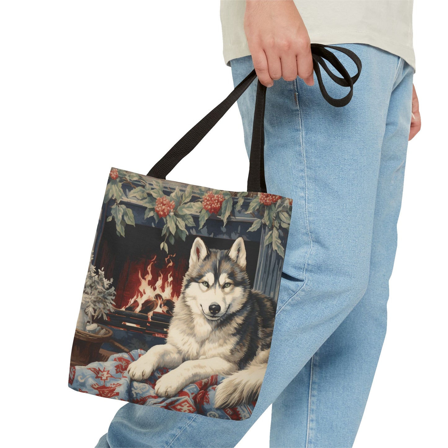 Siberian Husky Holiday Fireside Tote, Cozy Winter Canvas Bag