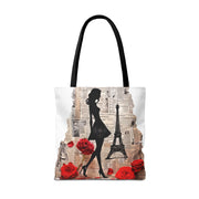 Parisian Elegance Tote Bag with Eiffel Tower & Red Rose Design