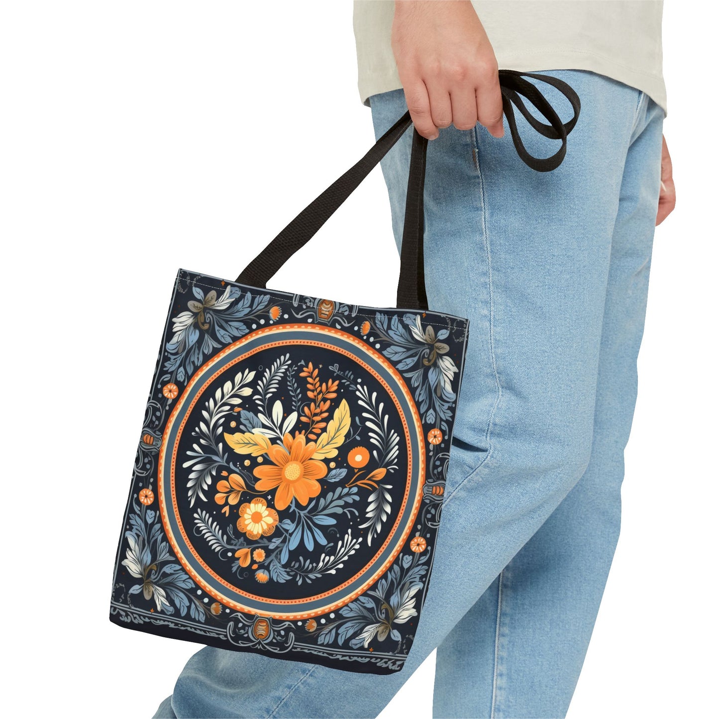 Elegant Botanical Tote Bag with Orange and Blue Floral Design