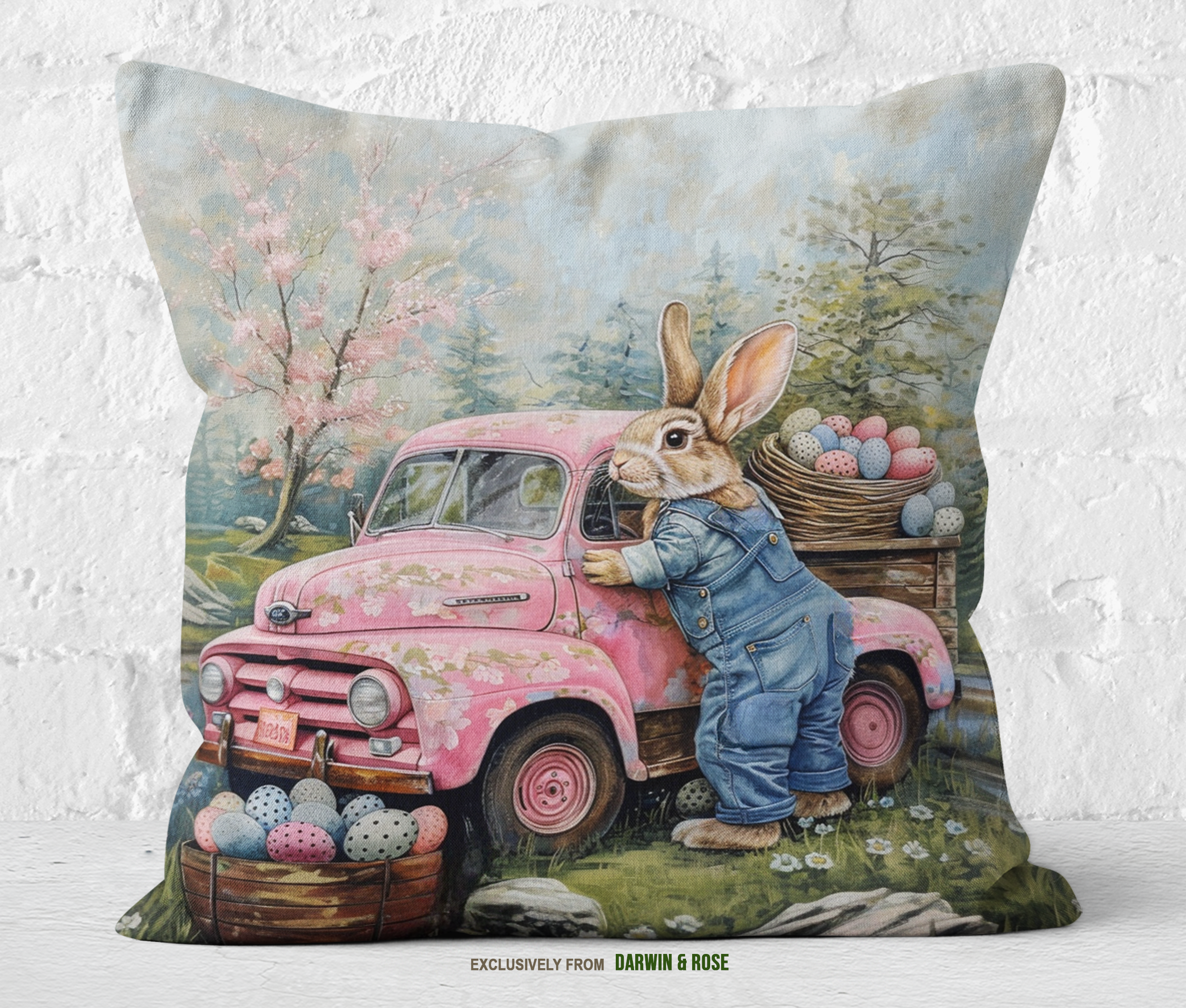 Vintage Easter Bunny Throw Pillow – Pink Farmhouse Truck Scene