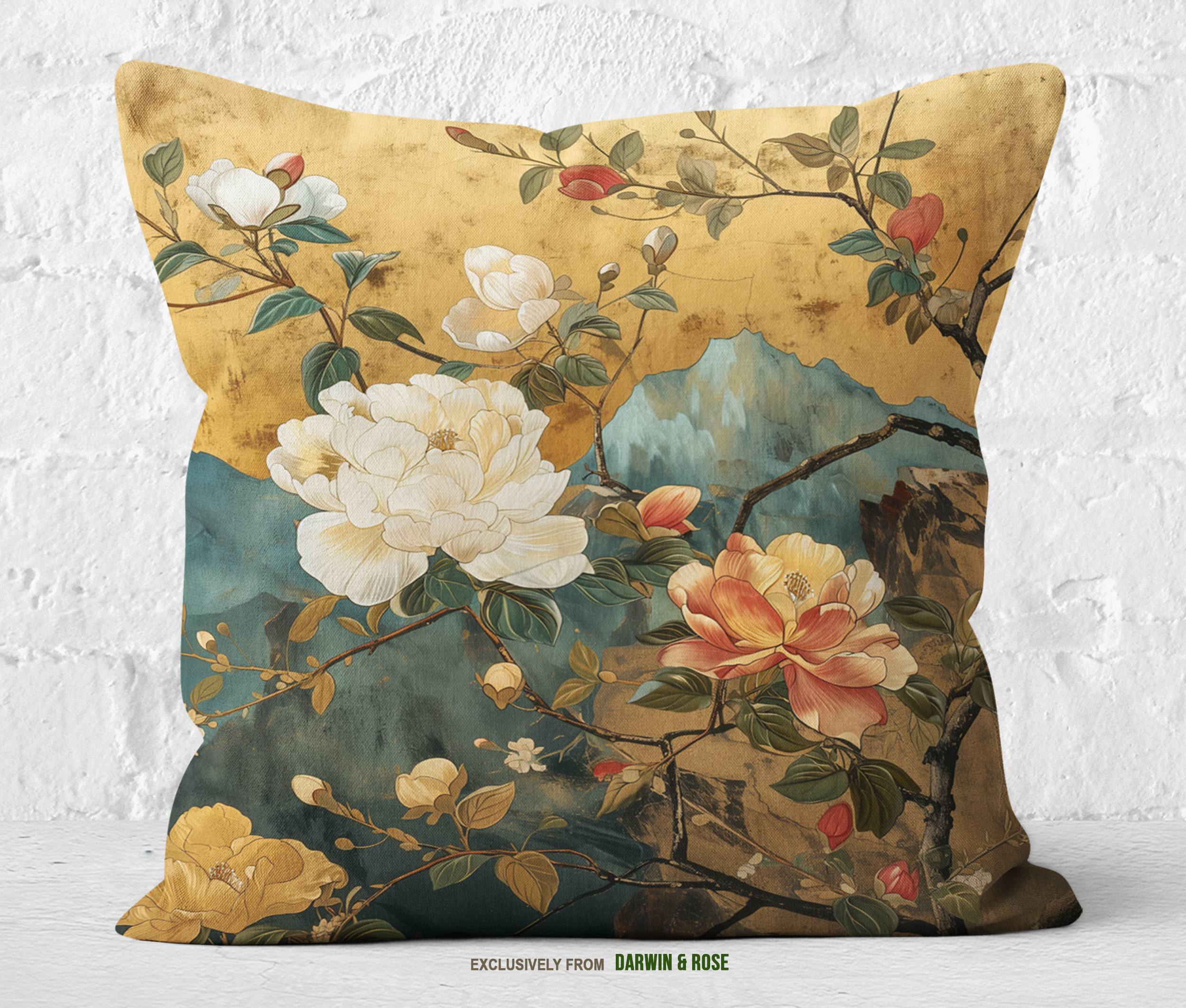 Golden Elegance Peony Throw Pillow – Asian-Inspired Floral Design