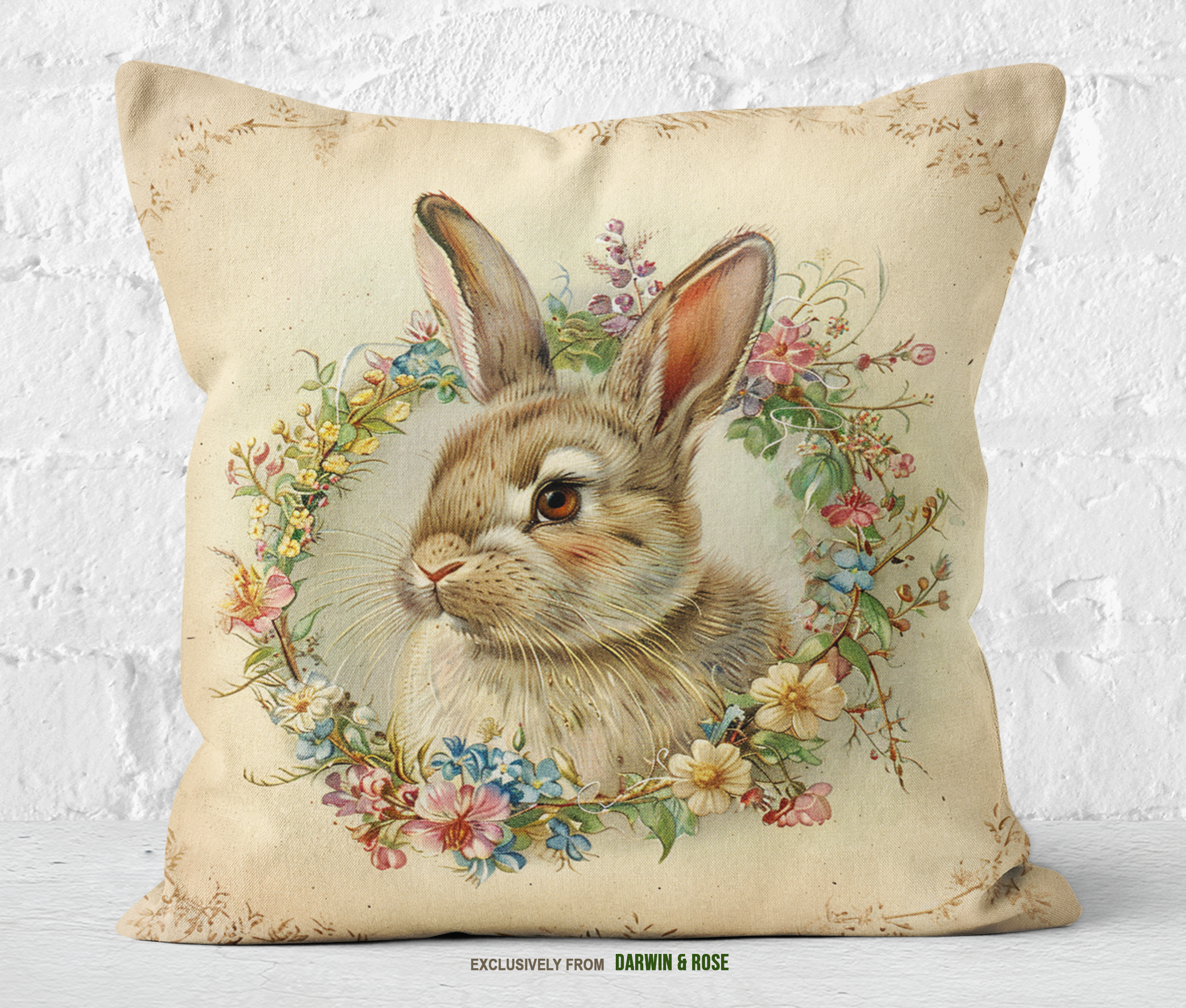 Easter Bunny Floral Wreath Decorative Throw Pillow