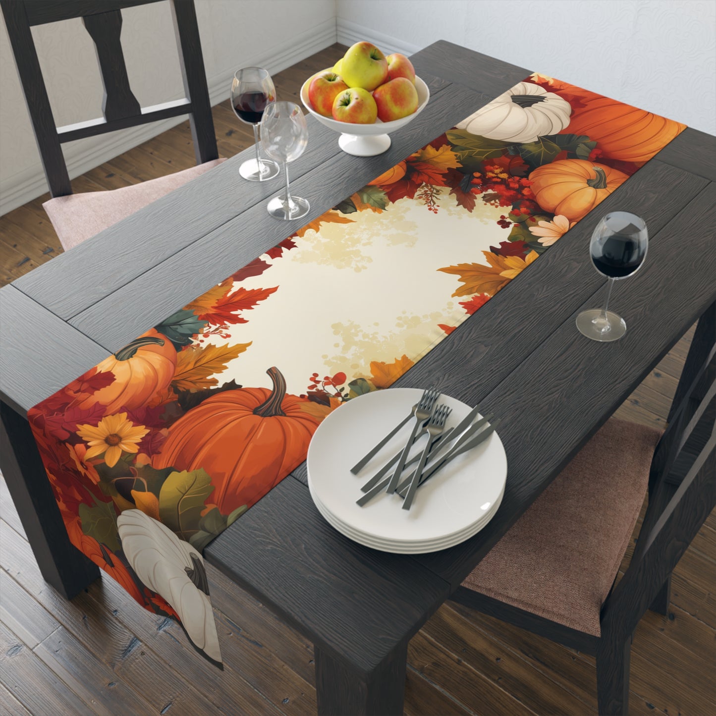 Thanksgiving Pumpkin & Leaves Table Runner | Orange, Cream, and Red Design (72" or 90")