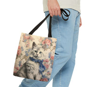 Charming Floral Cat Tote Bag with Pastel Blossoms, Elegant Gift