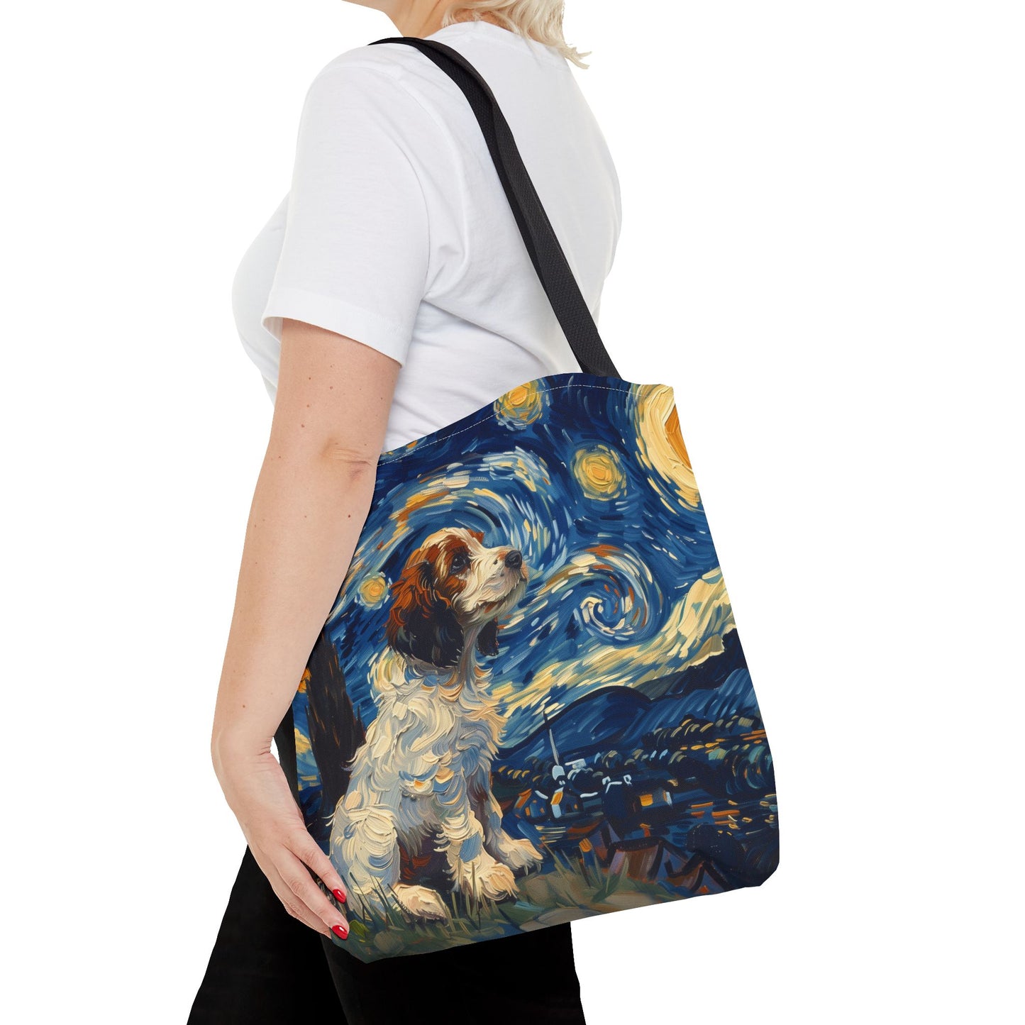 Starry Cavalier King Charles Tote Bag, Van Gogh-Inspired Design