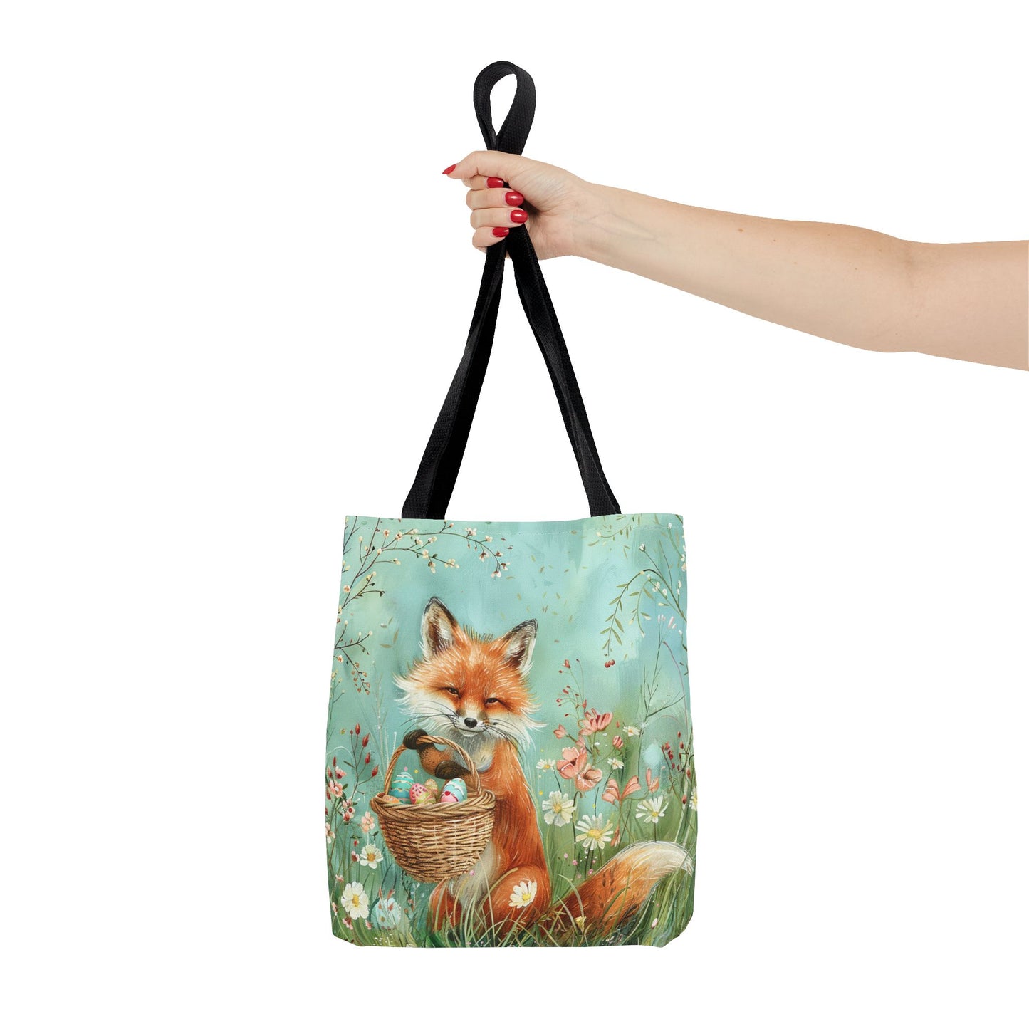 Fox-Inspired Easter Tote Bag with Basket and Floral Meadow Scene