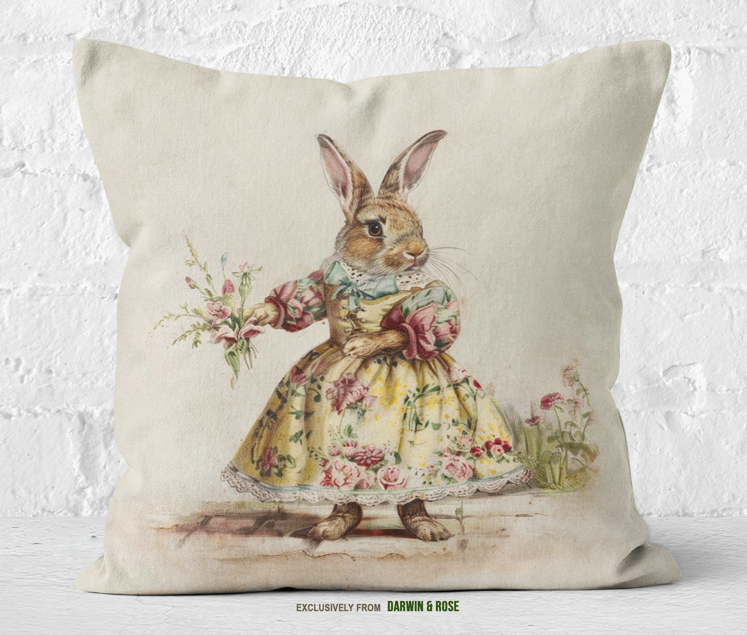 Vintage Easter Bunny Floral Throw Pillow – Cottagecore Spring Décor