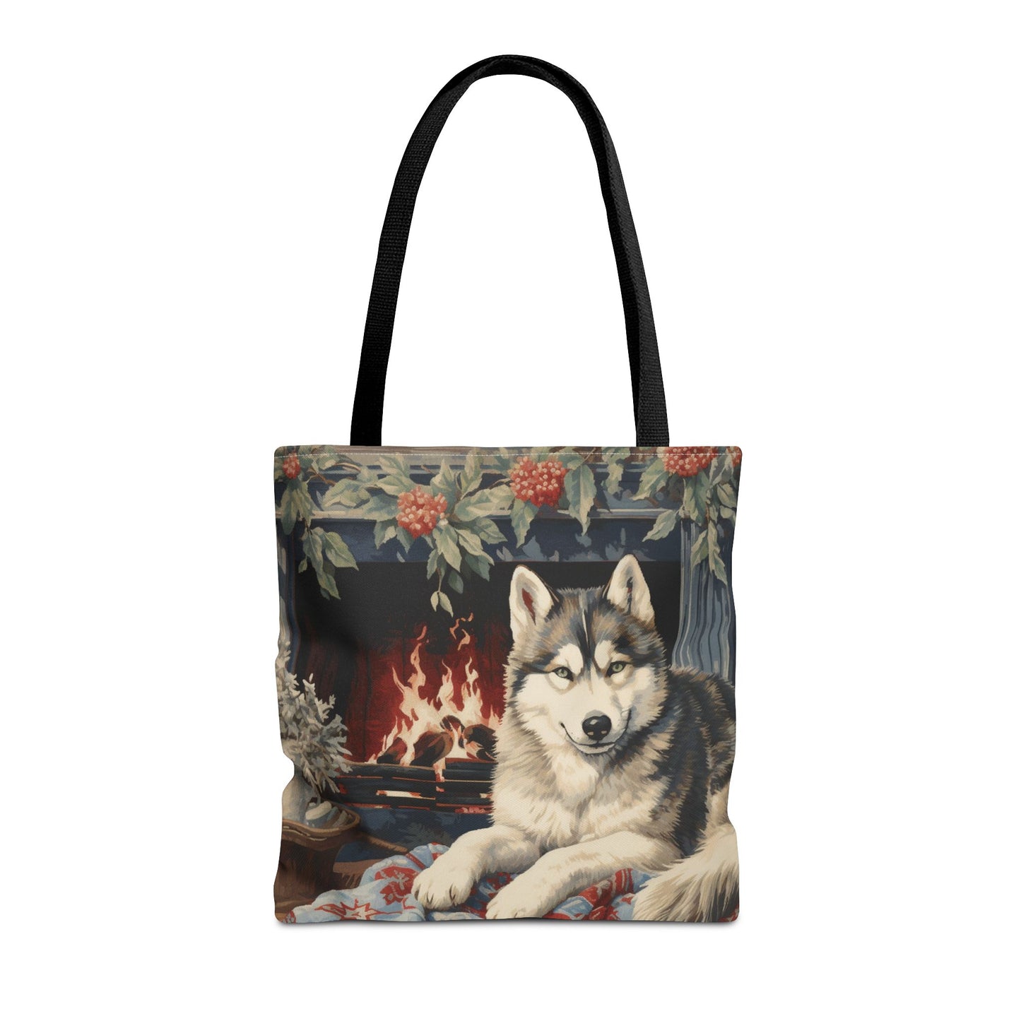 Siberian Husky Holiday Fireside Tote, Cozy Winter Canvas Bag