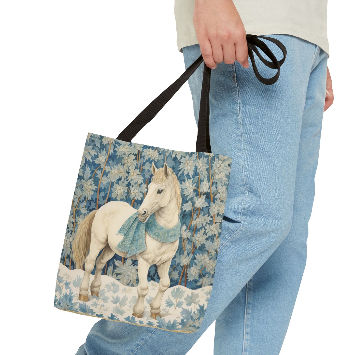 Elegant Winter Horse Tote Bag, Floral Design with Scarf Accent