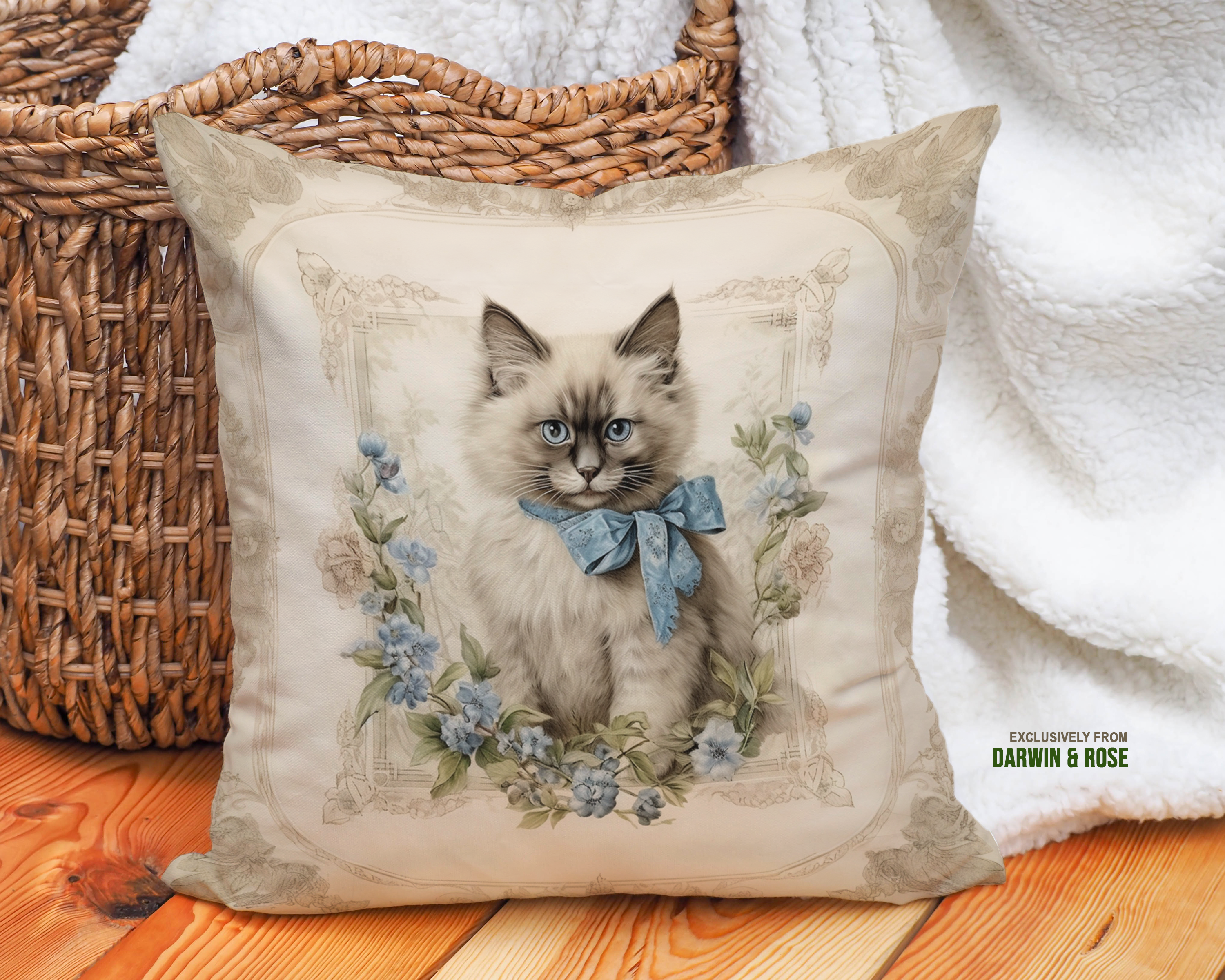 Ragdoll Cat Floral Elegance Throw Pillow - Vintage Cottagecore Decor