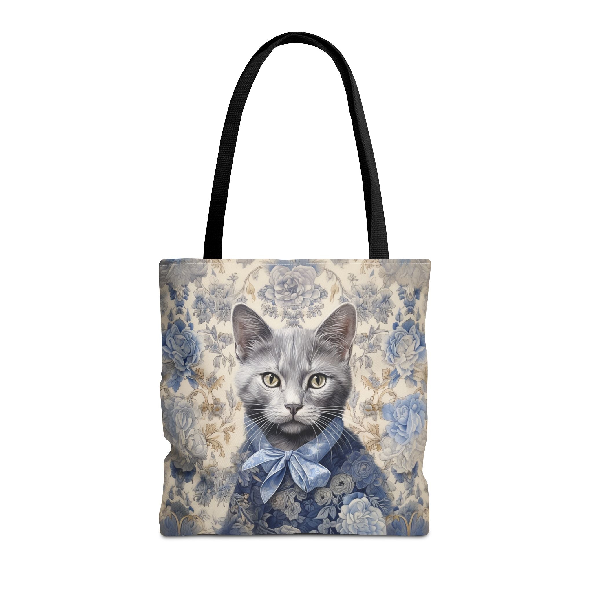 Russian Blue Cat Floral Tote Bag, Elegant Eco-Friendly Shopper