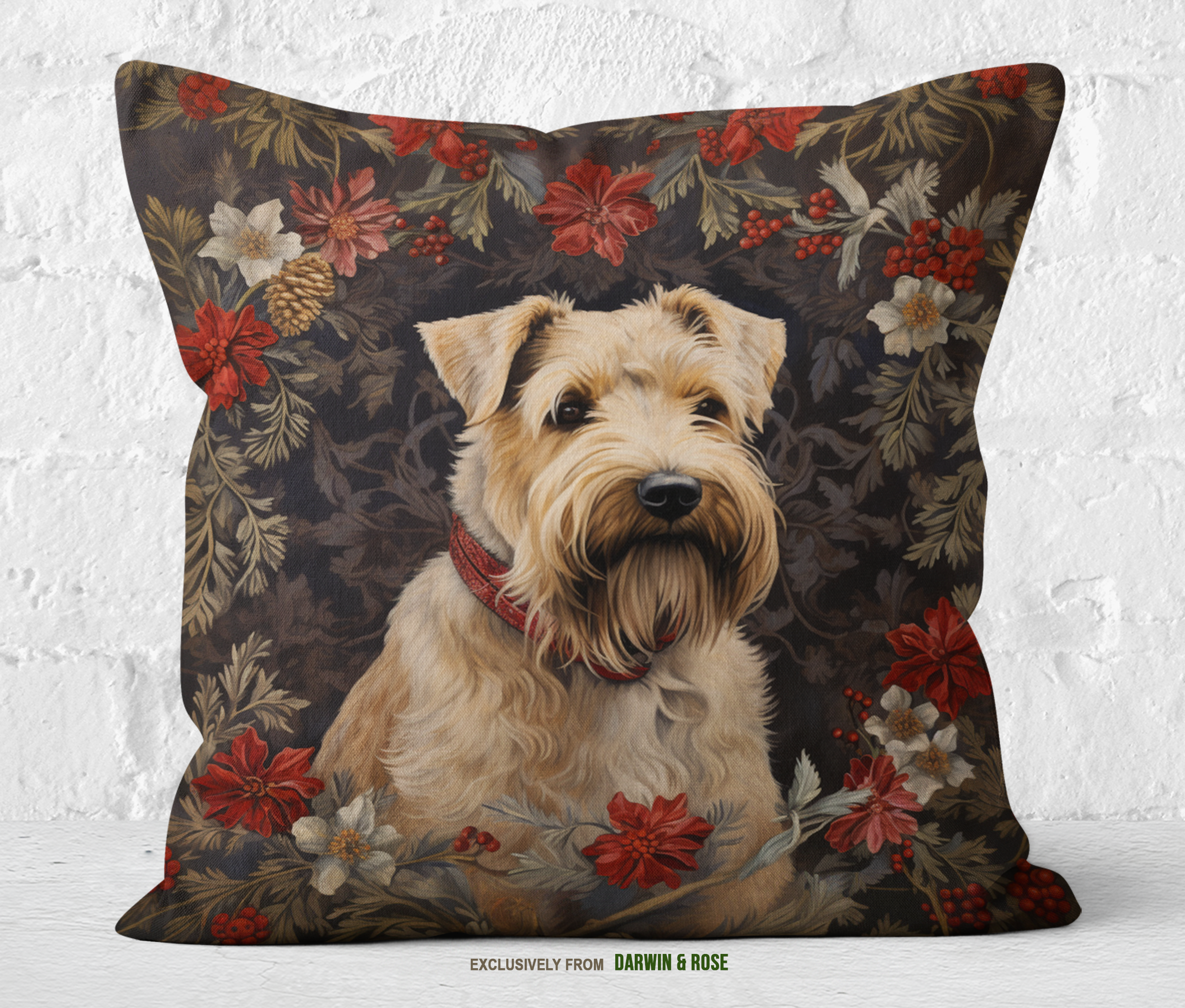 Wheaten Terrier Holiday Wreath Throw Pillow – Festive Farmhouse Decor