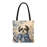 Elegant Shih Tzu Floral Tote Bag with Blue Bow for Dog Lovers