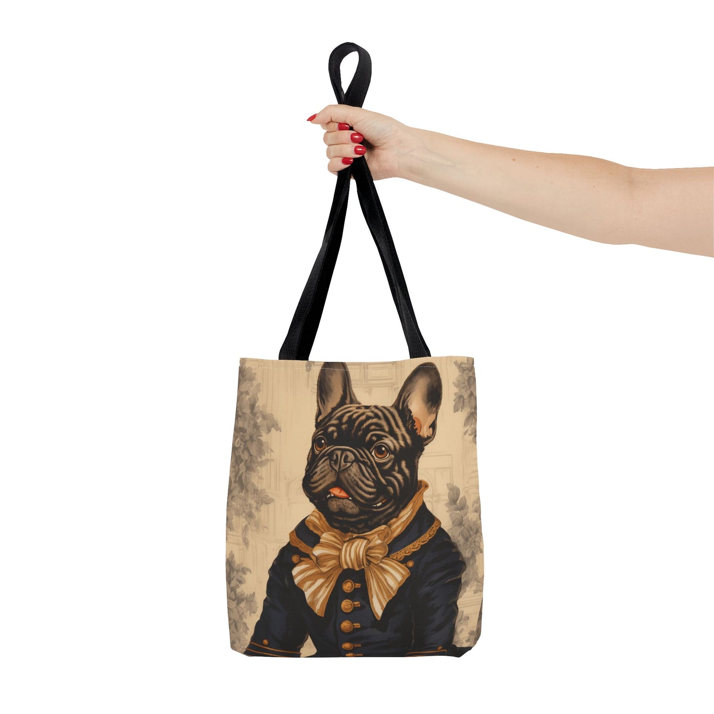 Frenchie Admiral Canvas Tote Bag, Elegant Brindle Bulldog Design