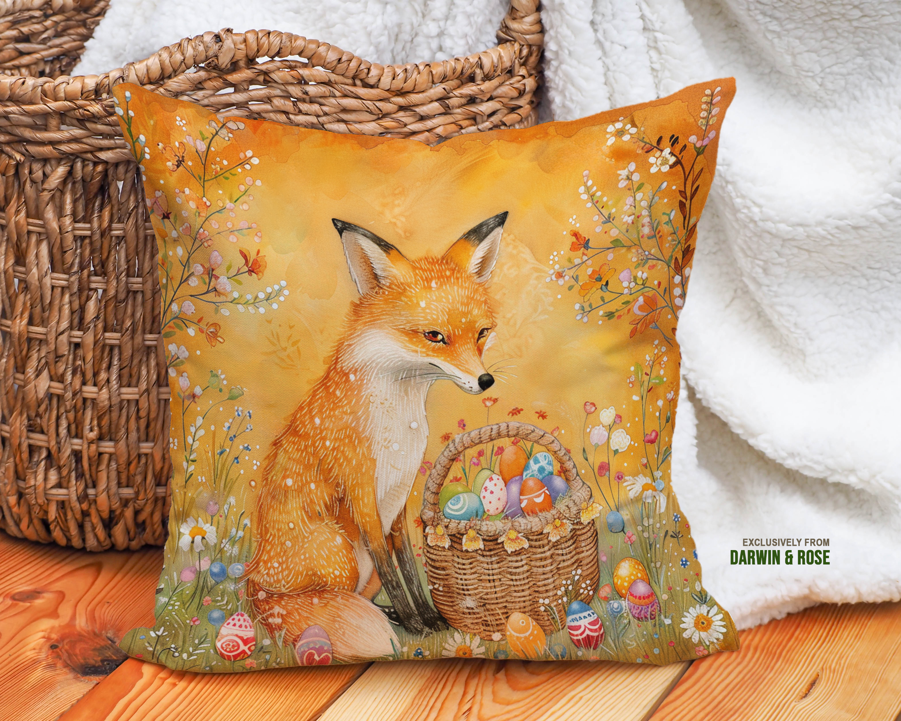 Whimsical Easter Fox Throw Pillow – Boho Spring Décor