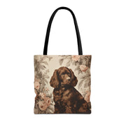 Chocolate Brown Spaniel Tote Bag with Vintage Floral Design