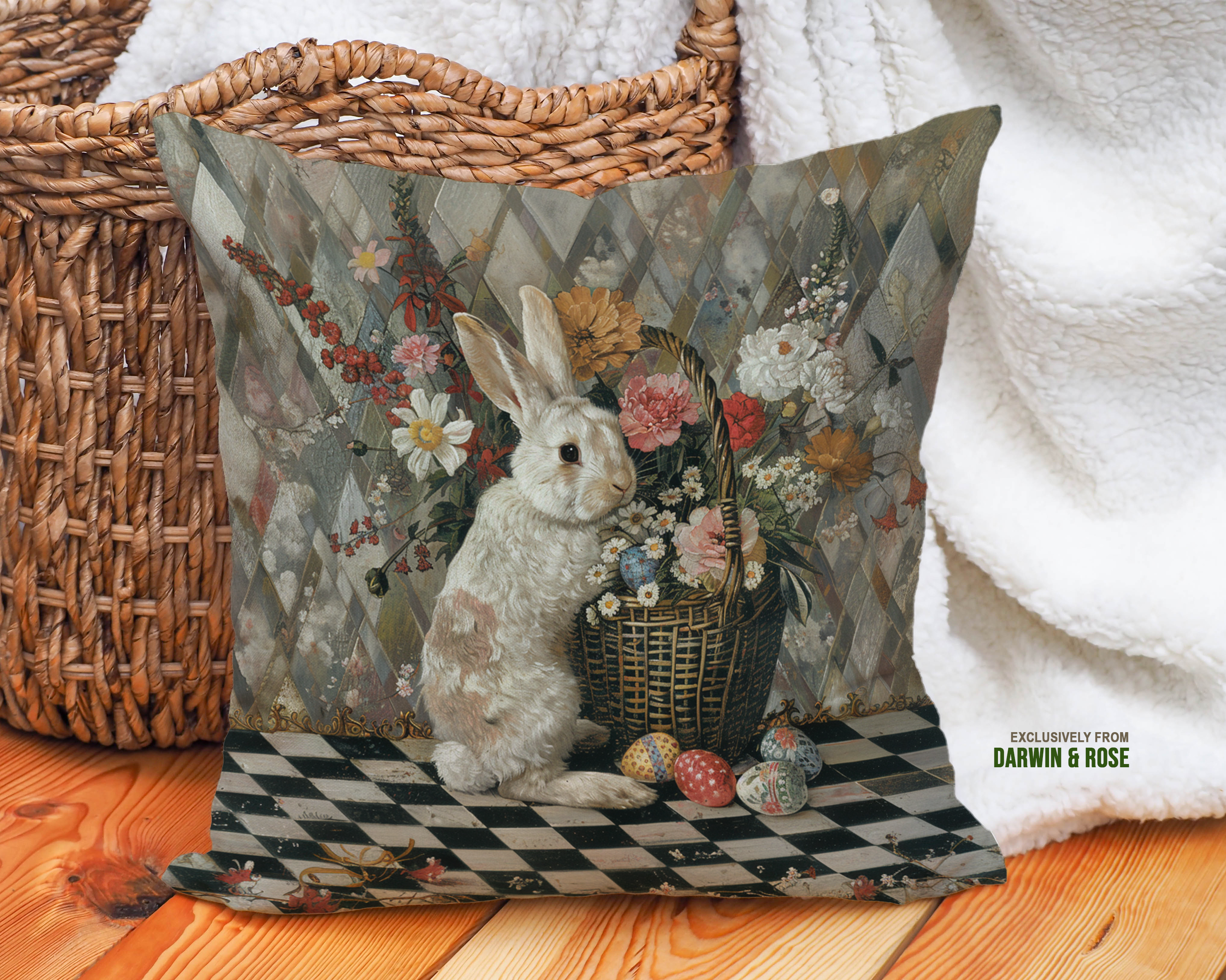 Vintage Easter Bunny Throw Pillow with Floral Basket - Farmhouse Style