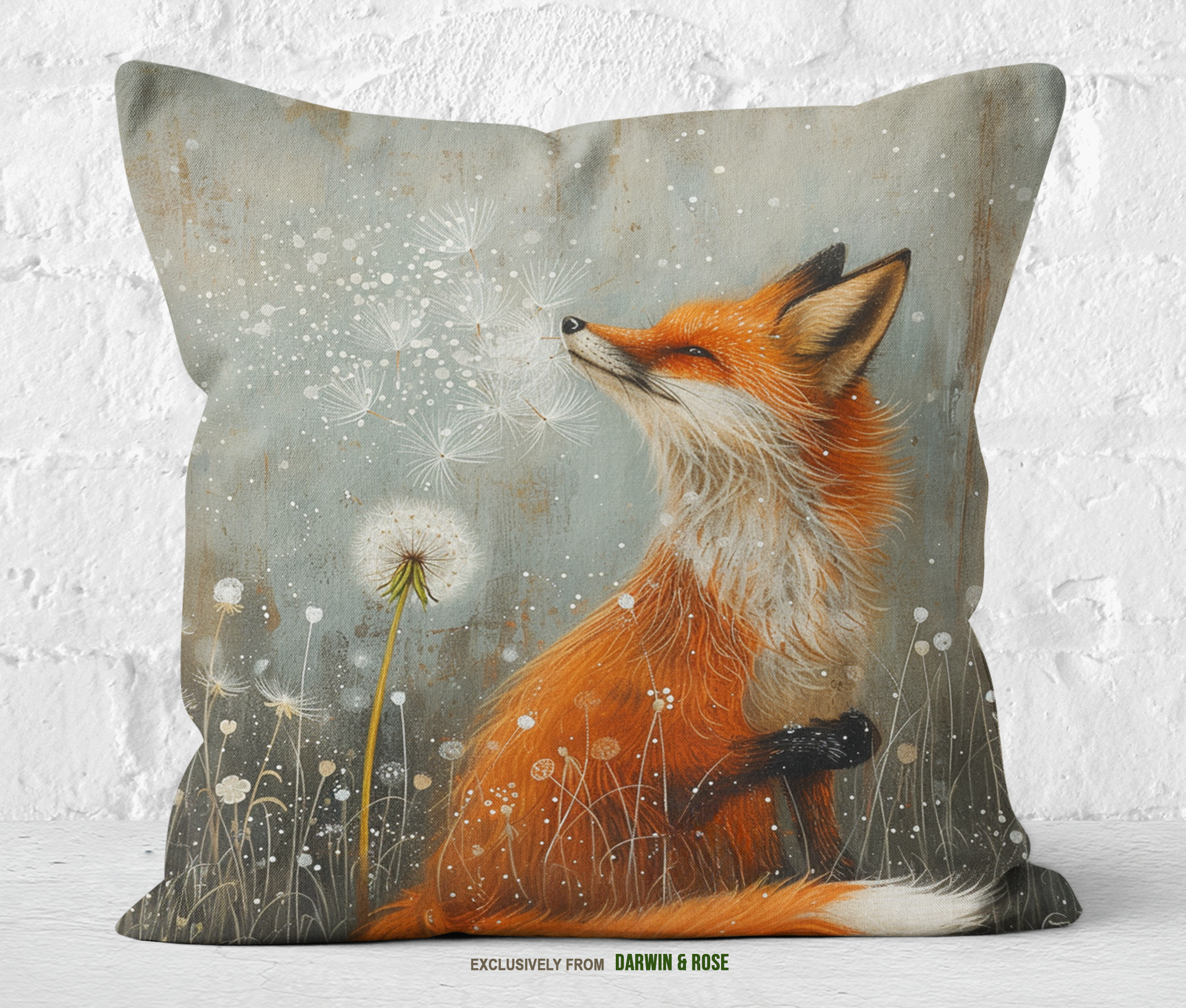 Whimsical Fox and Dandelion Boho Throw Pillow